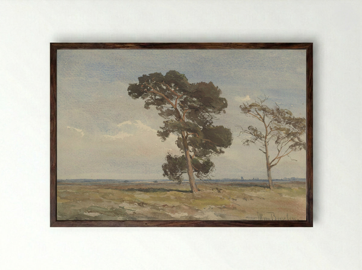 Gezicht op de heide met twee bomen - Jan Willem van Borselen - Framed Print Dark Wood