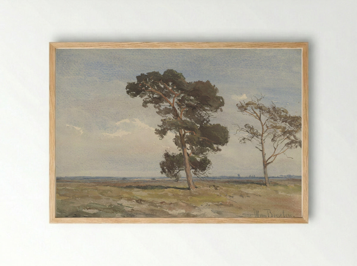 Gezicht op de heide met twee bomen - Jan Willem van Borselen - Framed Print Wood