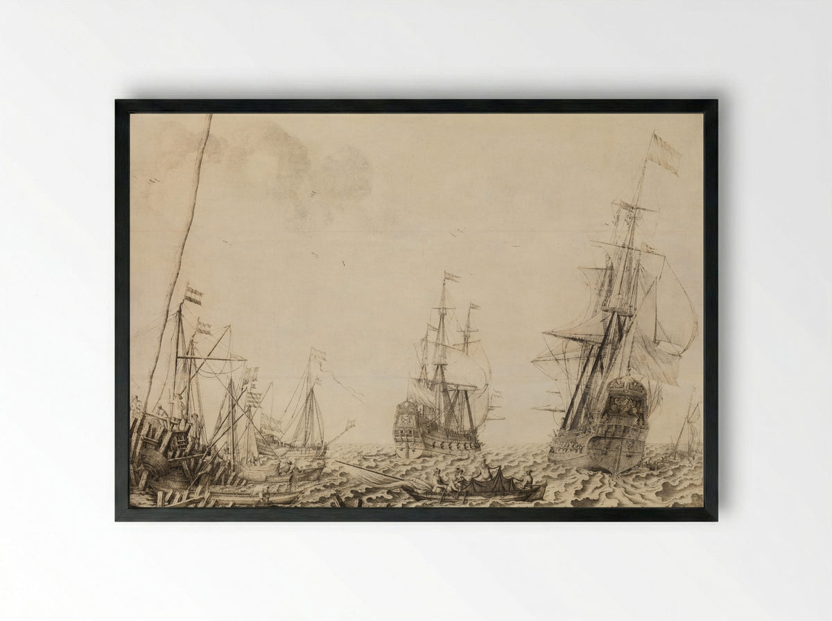 Ships at a Harbour - Experiens Sillemans - Framed Print Black