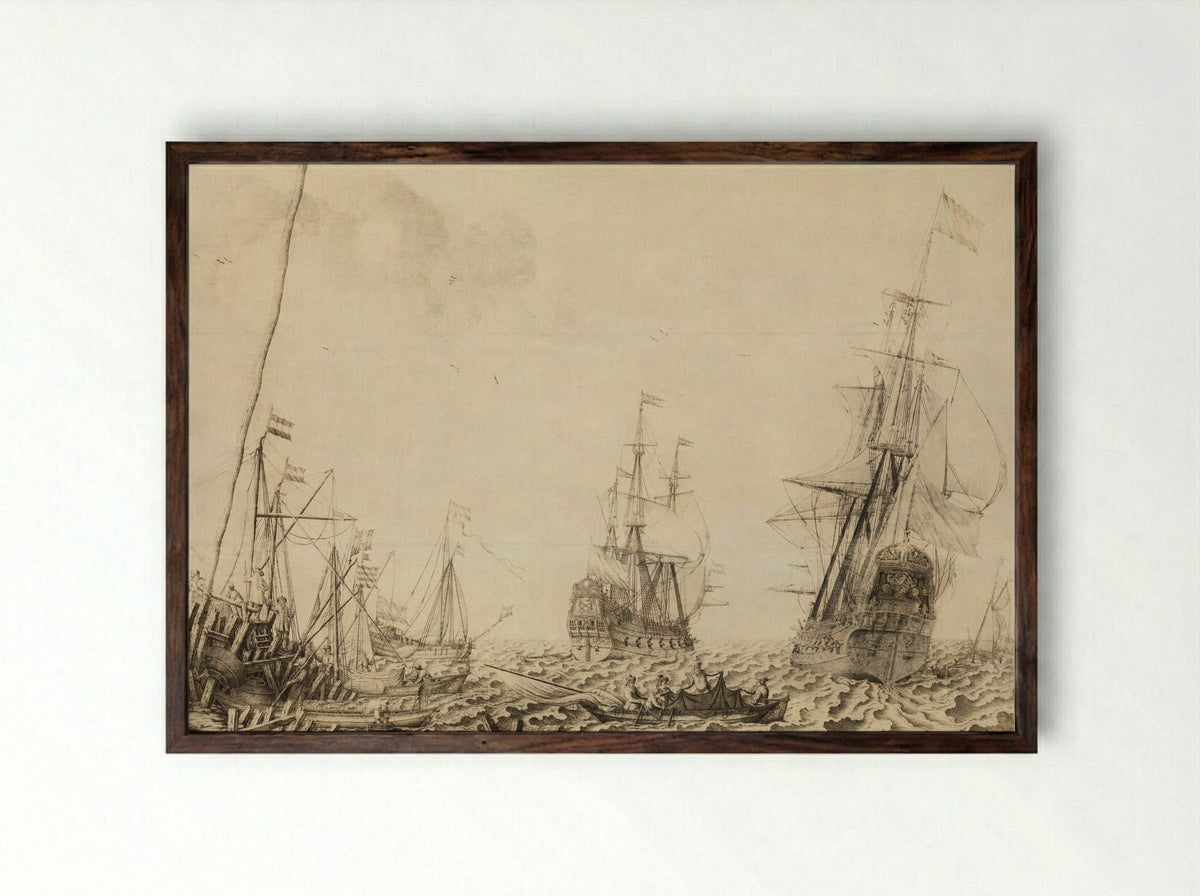 Ships at a Harbour - Experiens Sillemans - Framed Print Dark Wood