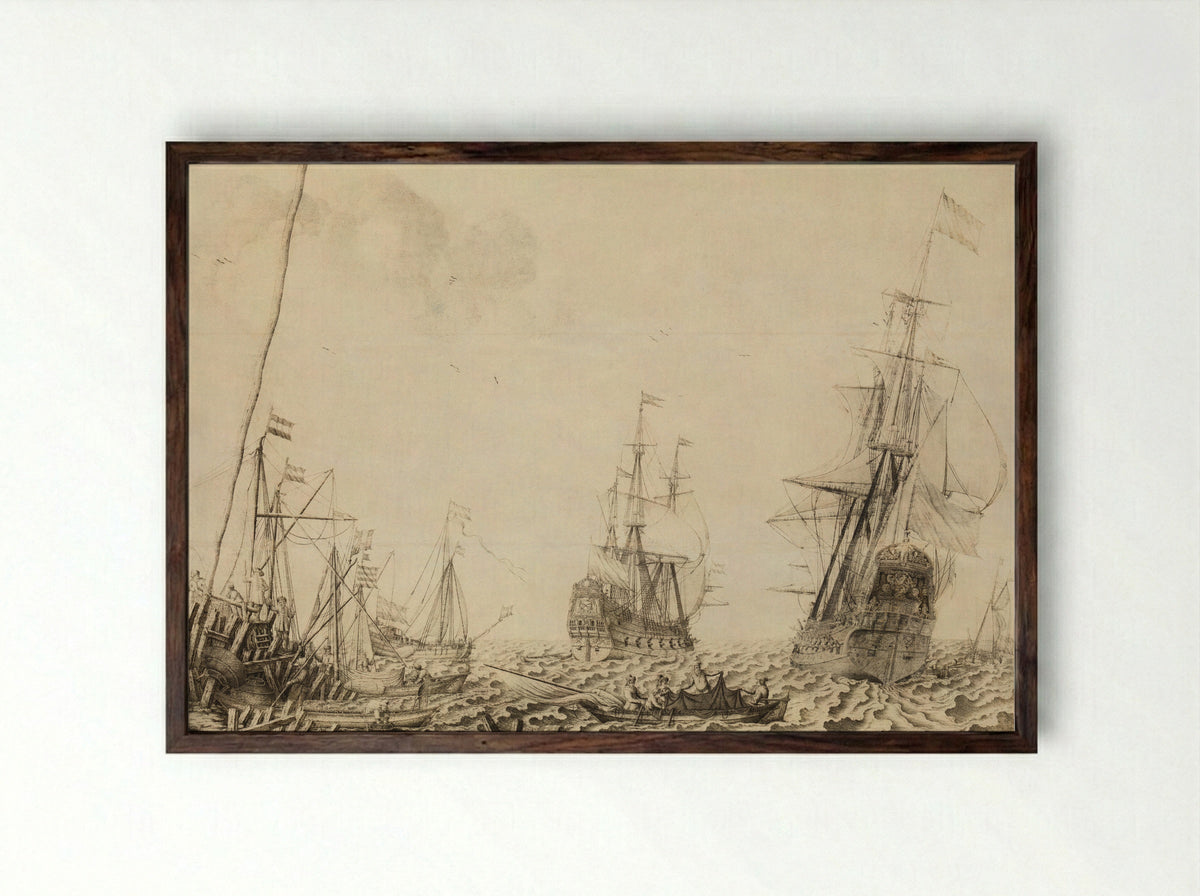 Ships at a Harbour - Experiens Sillemans - Framed Print Dark Wood