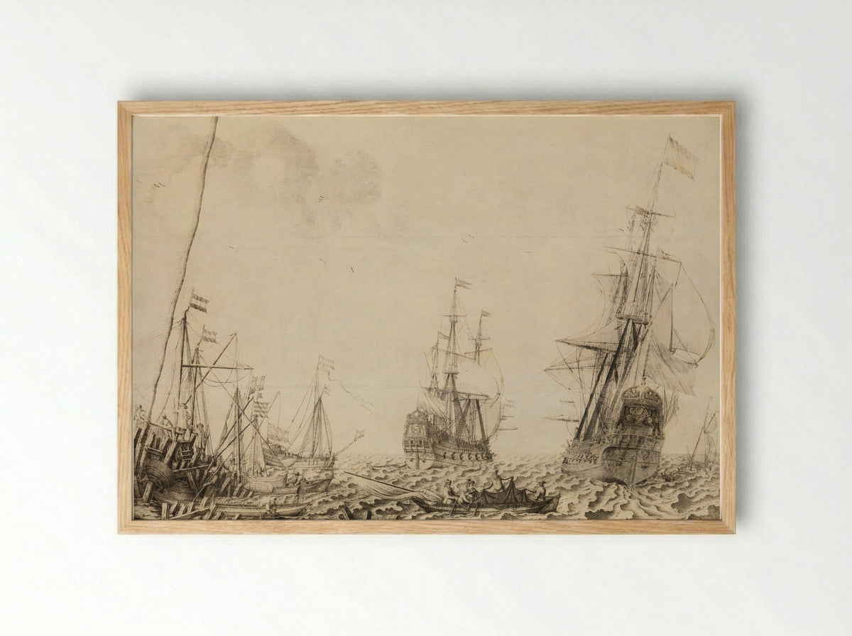 Ships at a Harbour - Experiens Sillemans - Framed Print Wood