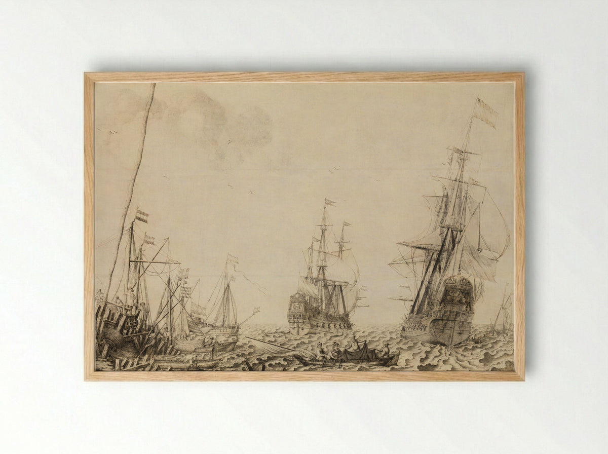 Ships at a Harbour - Experiens Sillemans - Framed Print Wood