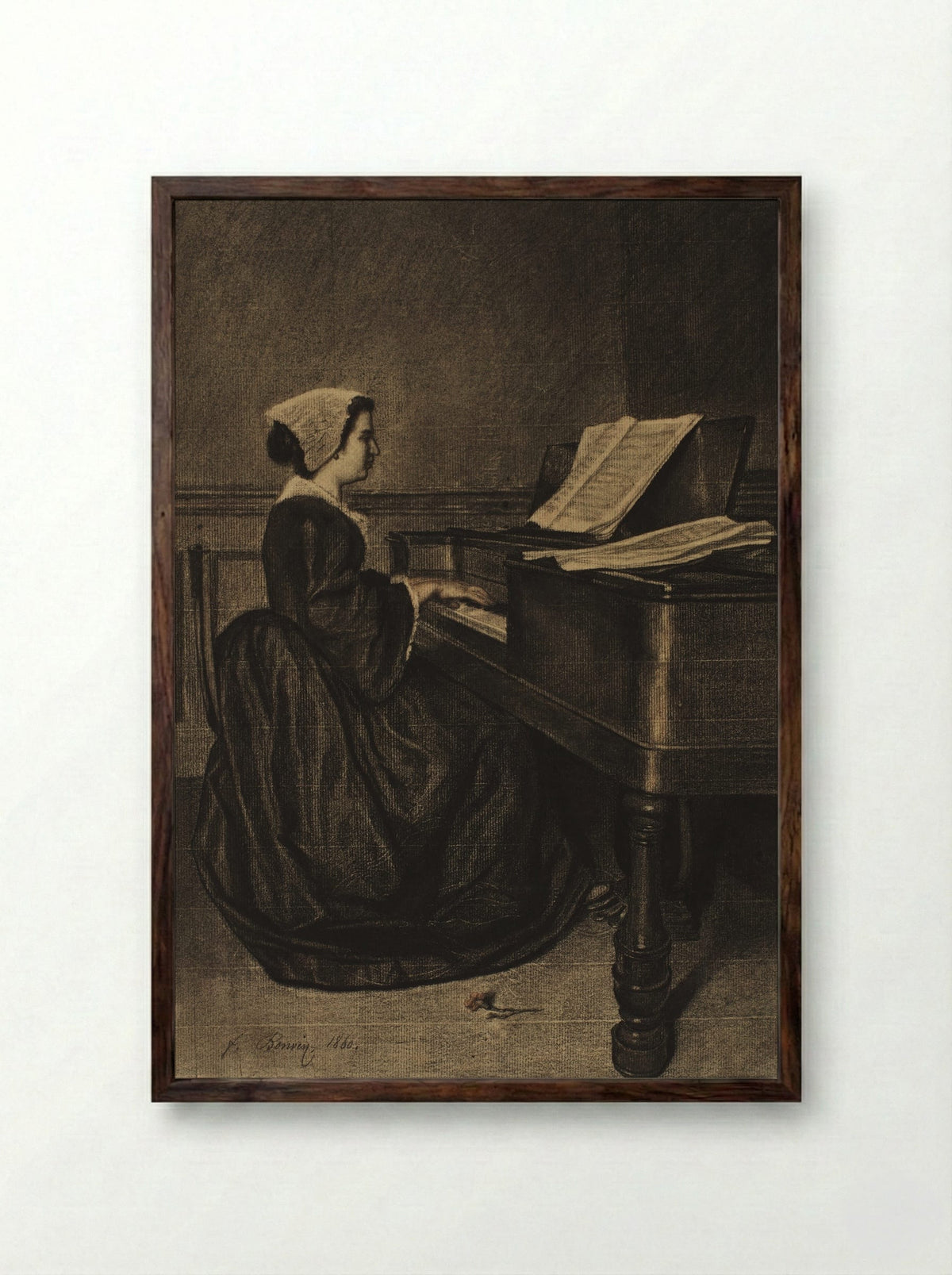 Woman at the Spinet - François Bonvin - Framed Print Dark Wood