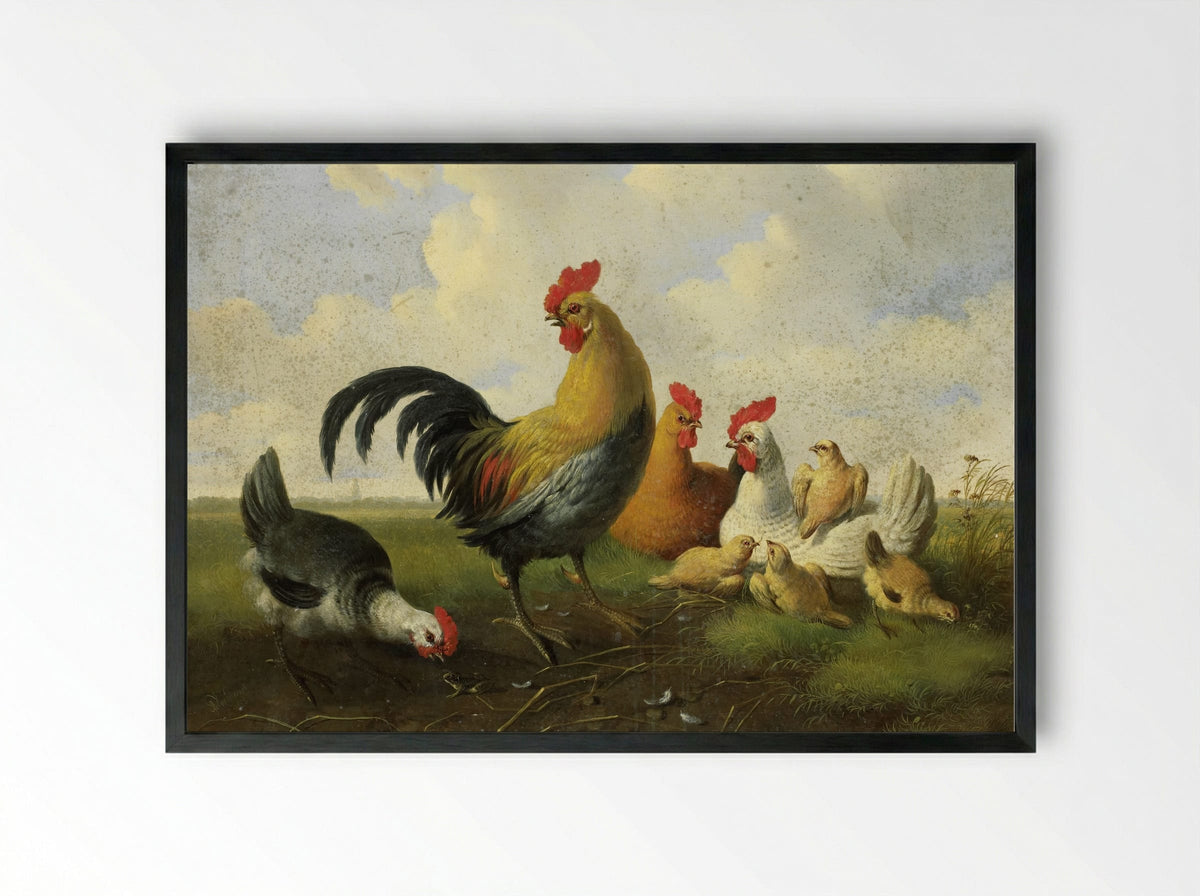 A Rooster with Hens and Chicks - Albertus Verhoesen - Framed Print Black