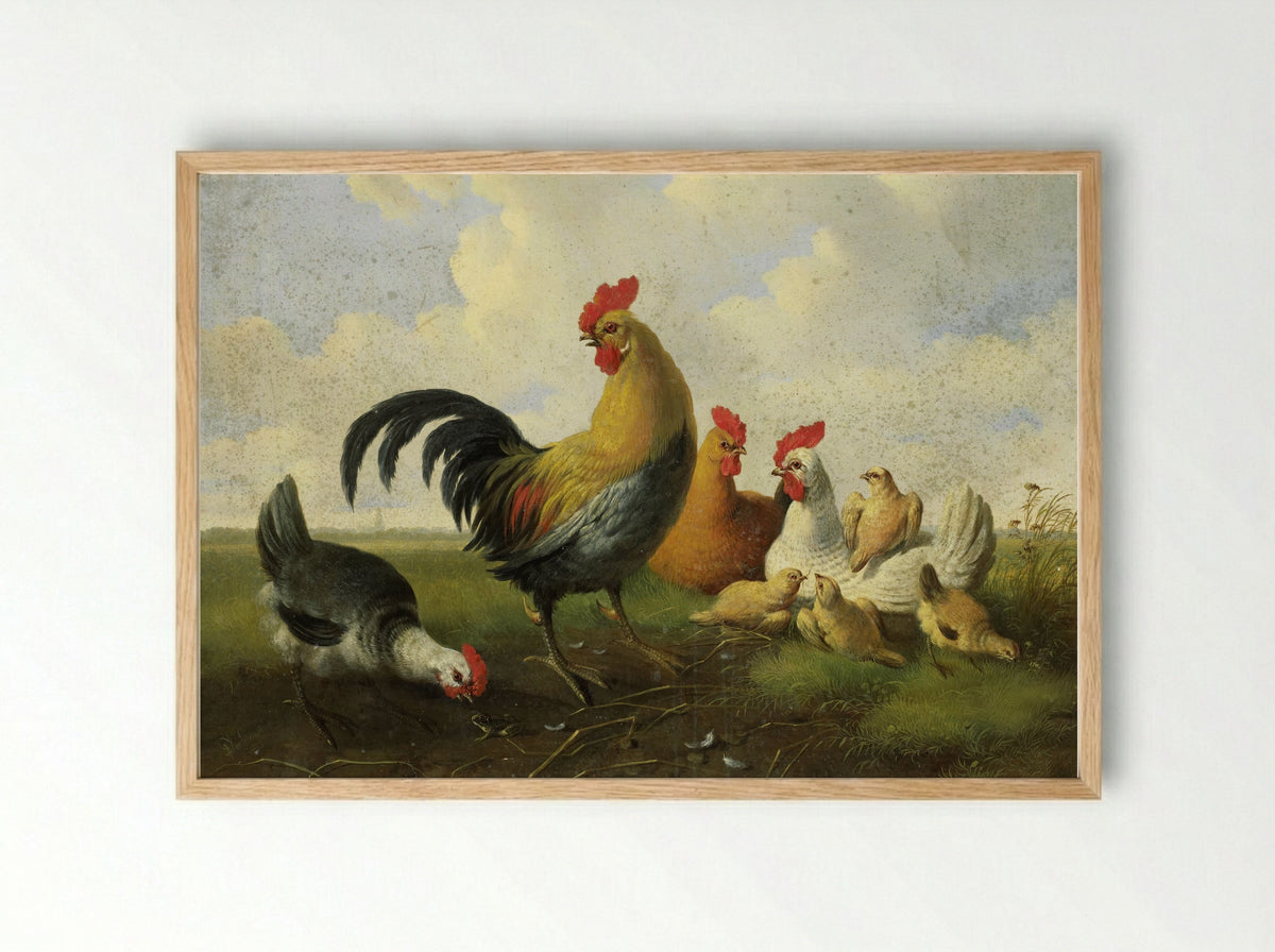 A Rooster with Hens and Chicks - Albertus Verhoesen - Framed Print Wood