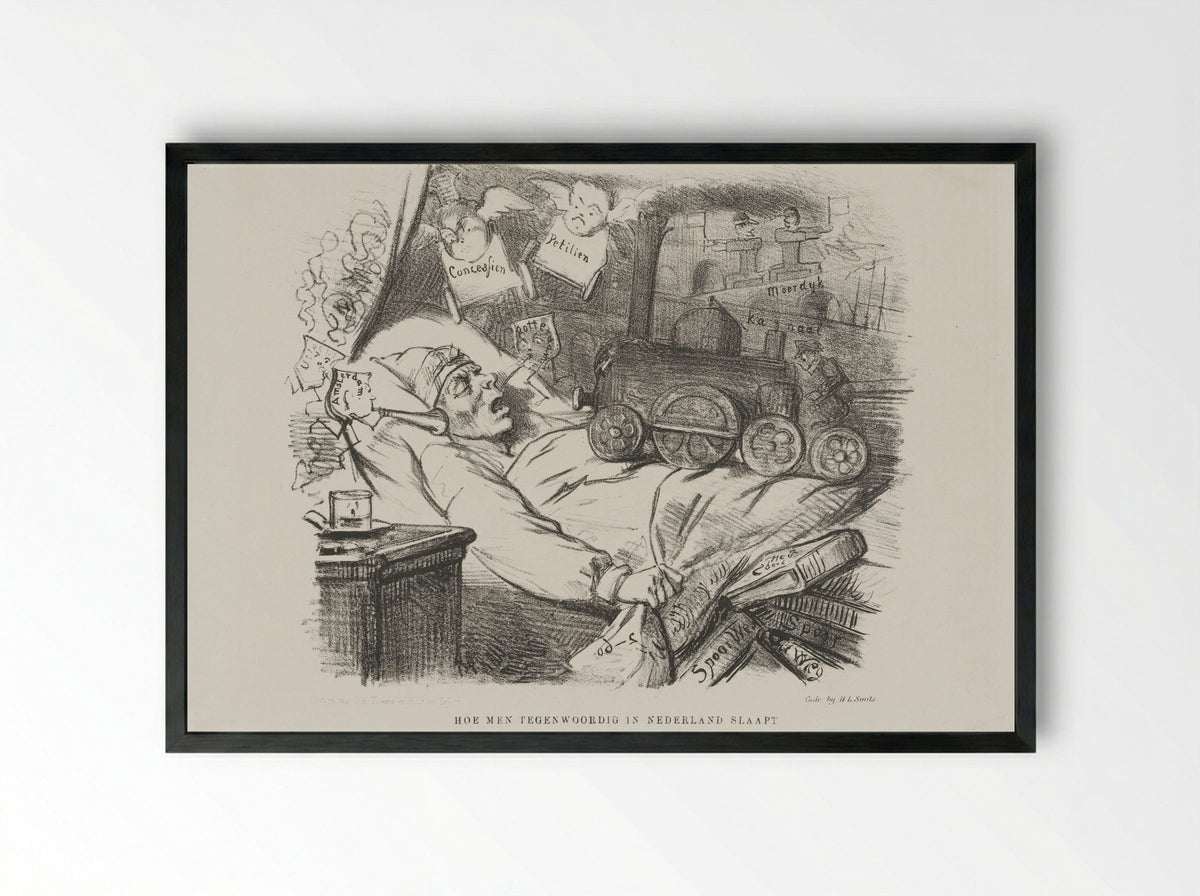 Spotprent op uitbreiding van het spoorwegnet in Nederland - Johan Michaël Schmidt Crans - Framed Print Black