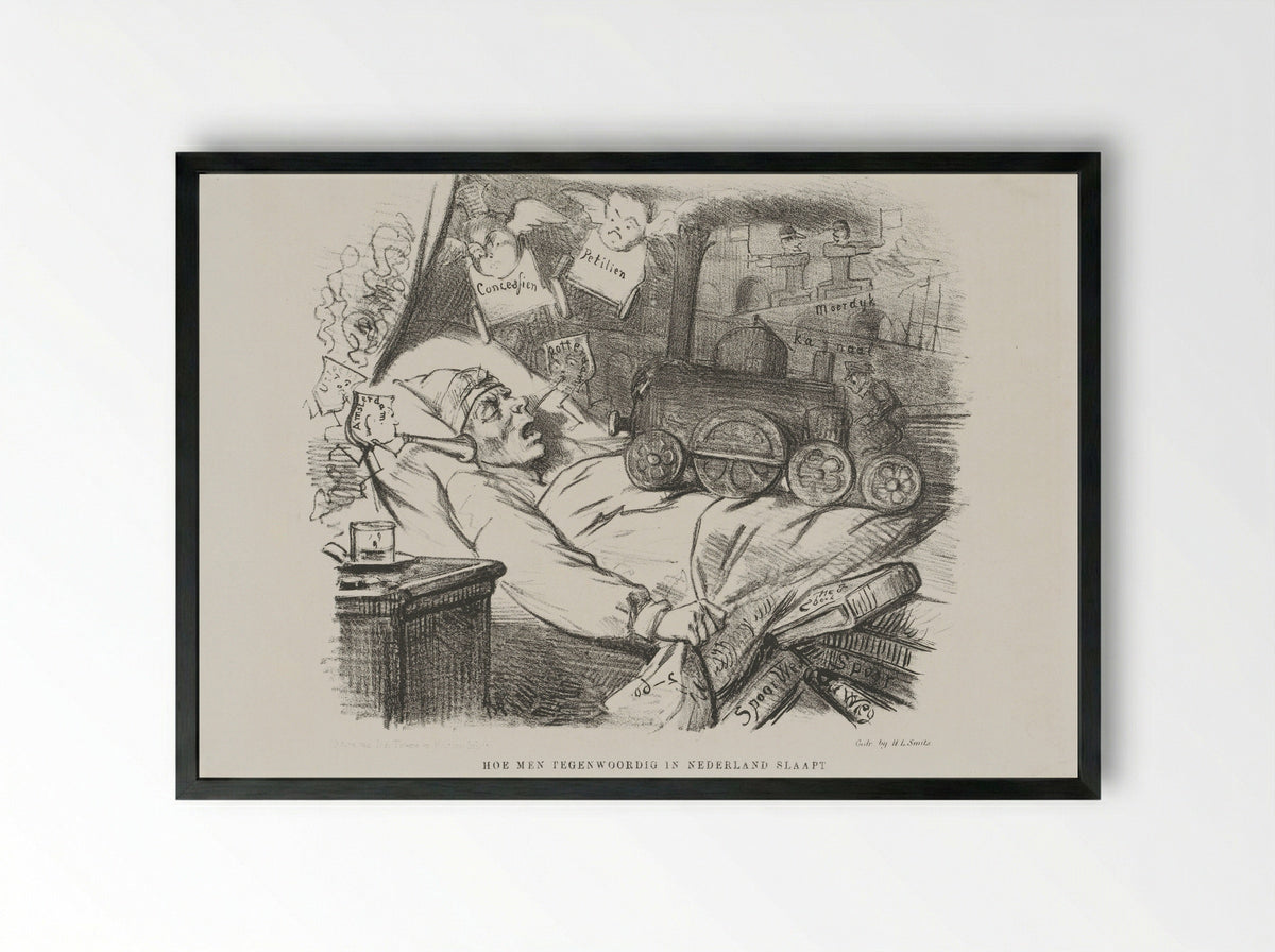 Spotprent op uitbreiding van het spoorwegnet in Nederland - Johan Michaël Schmidt Crans - Framed Print Black