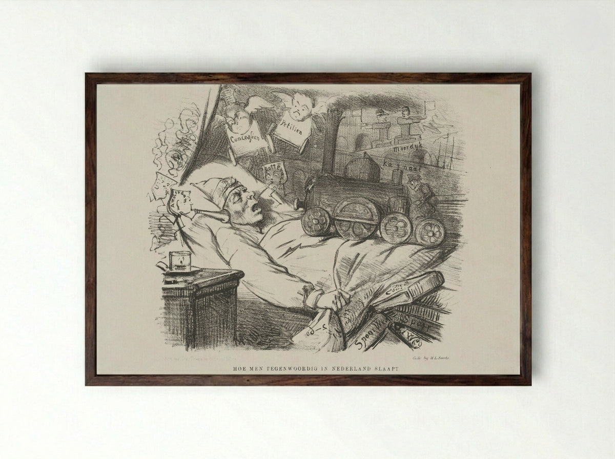 Spotprent op uitbreiding van het spoorwegnet in Nederland - Johan Michaël Schmidt Crans - Framed Print Dark Wood