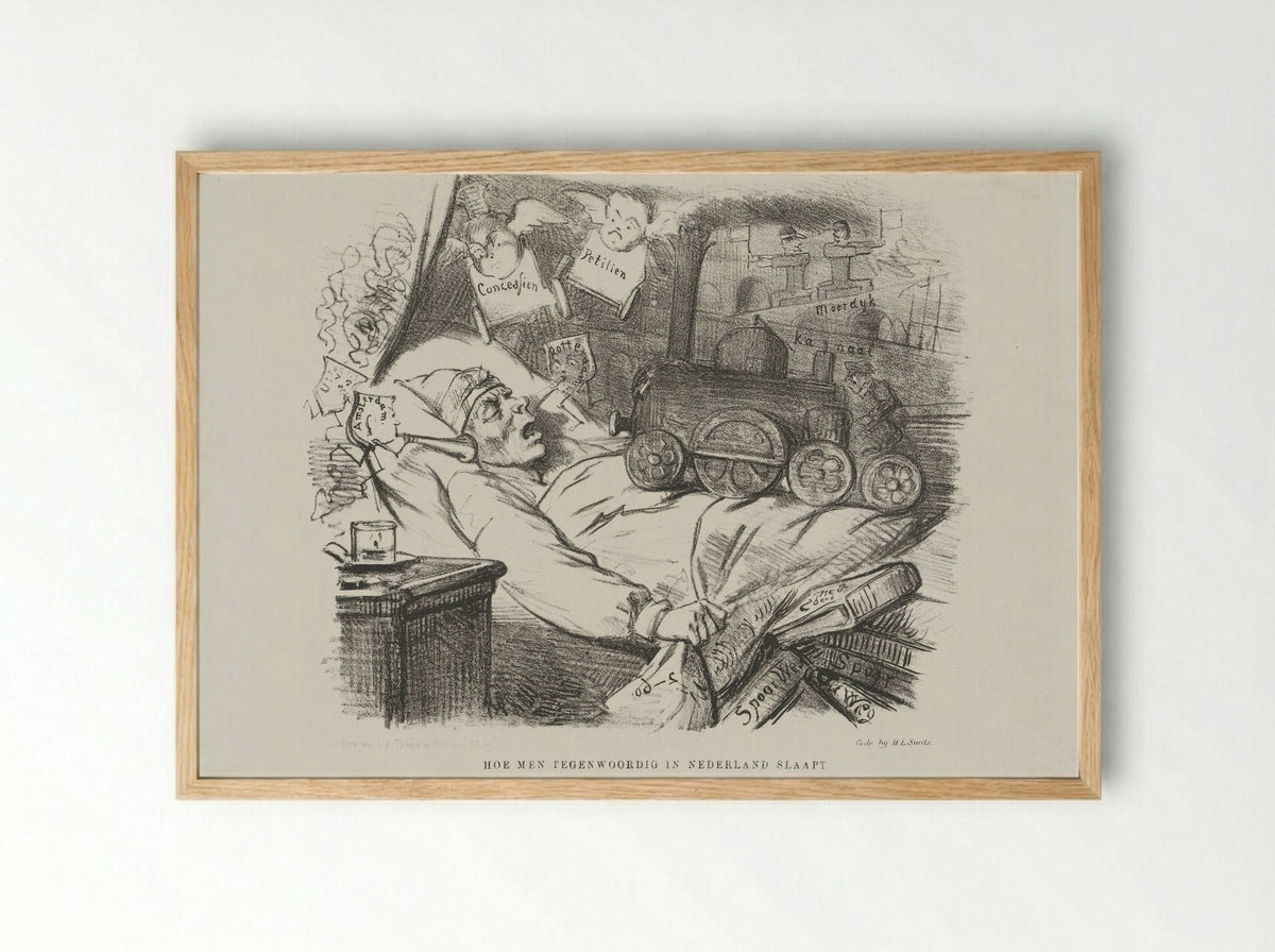 Spotprent op uitbreiding van het spoorwegnet in Nederland - Johan Michaël Schmidt Crans - Framed Print Wood