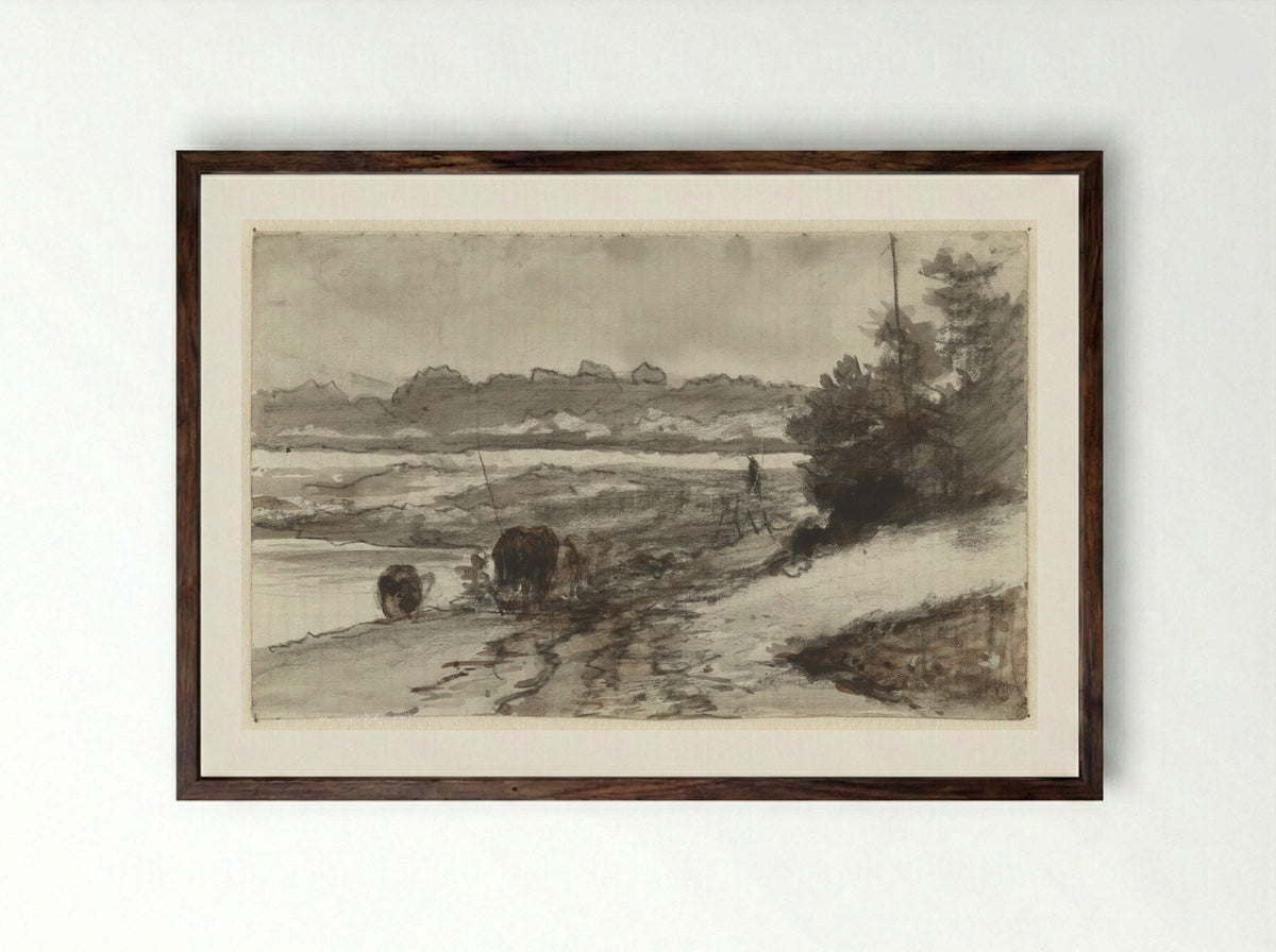 Landschap (Shepherd and Dogs) - Guillaume Anne van der Brugghen - Framed Print Dark Wood