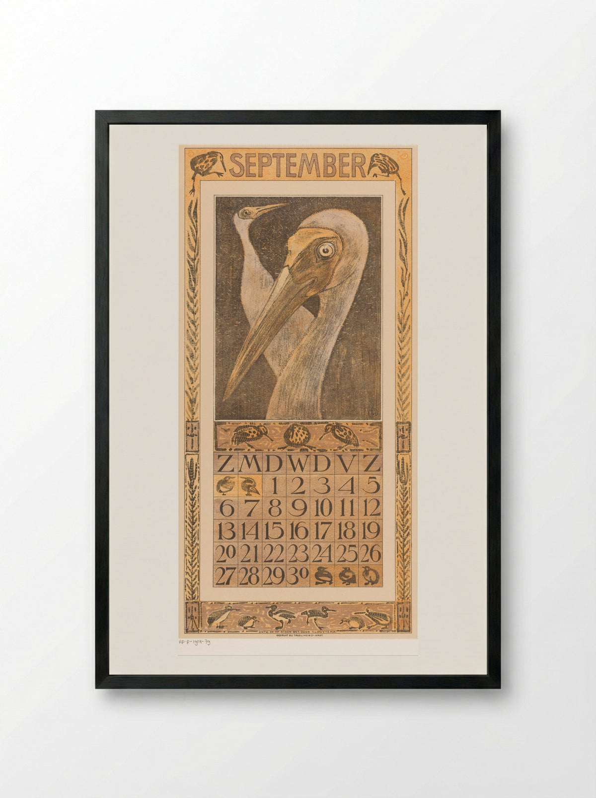 Kalenderblad september met twee vogels - Theo van Hoytema - Framed Print Black