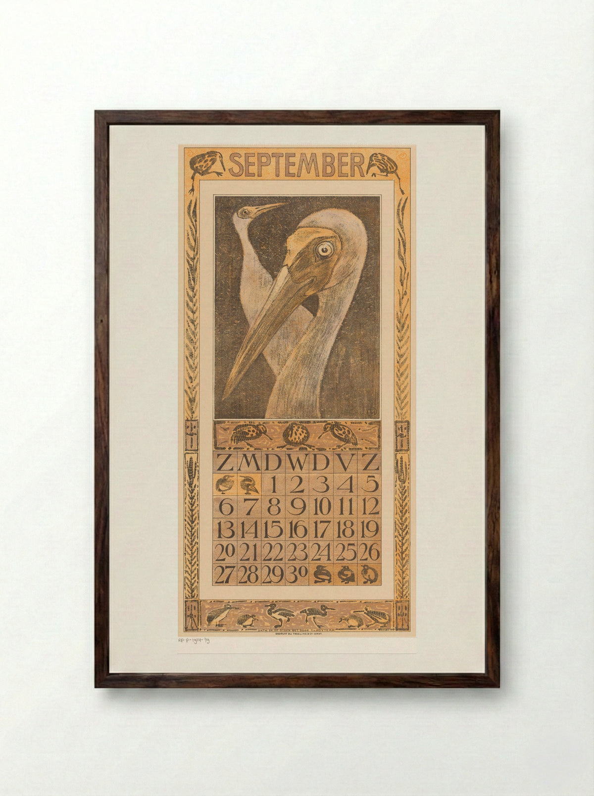 Kalenderblad september met twee vogels - Theo van Hoytema - Framed Print Dark Wood