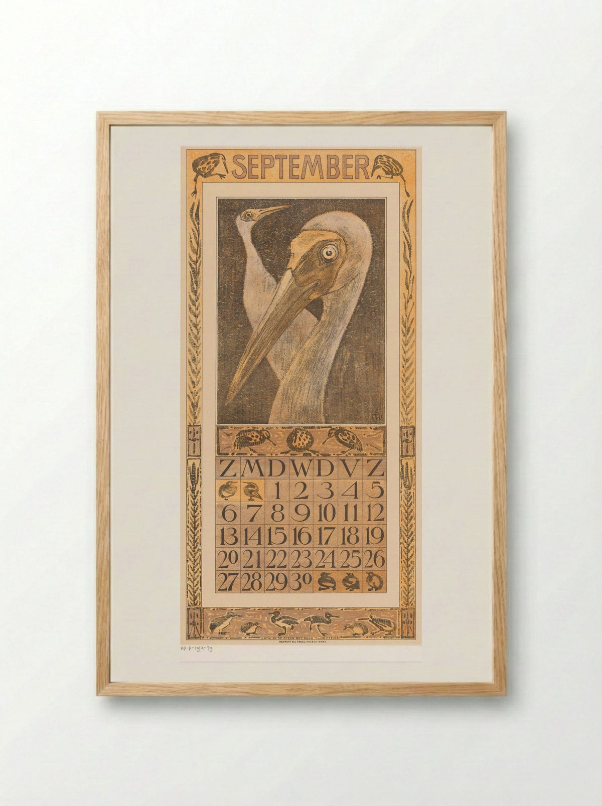 Kalenderblad september met twee vogels - Theo van Hoytema - Framed Print Wood