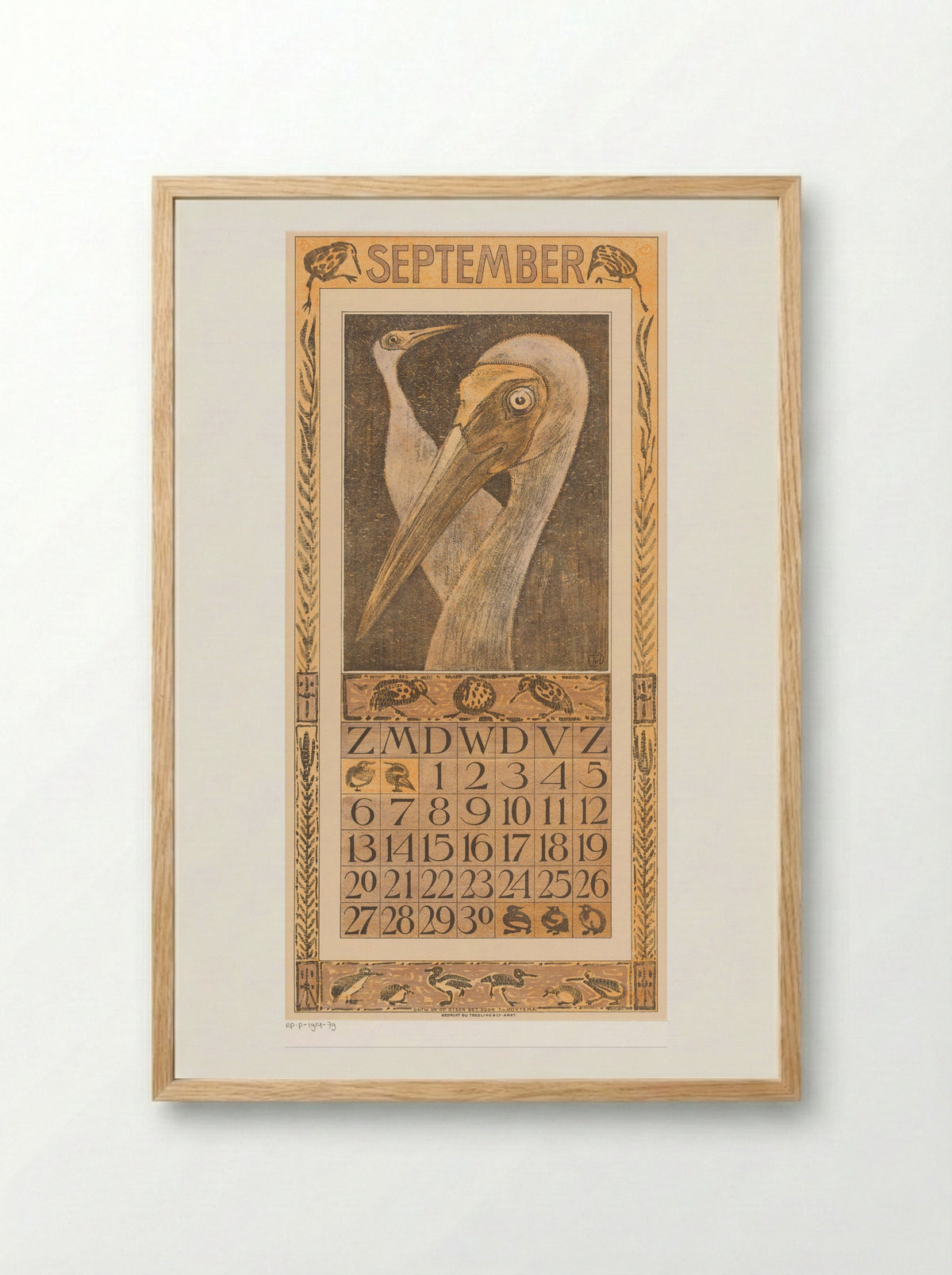 Kalenderblad september met twee vogels - Theo van Hoytema - Framed Print Wood