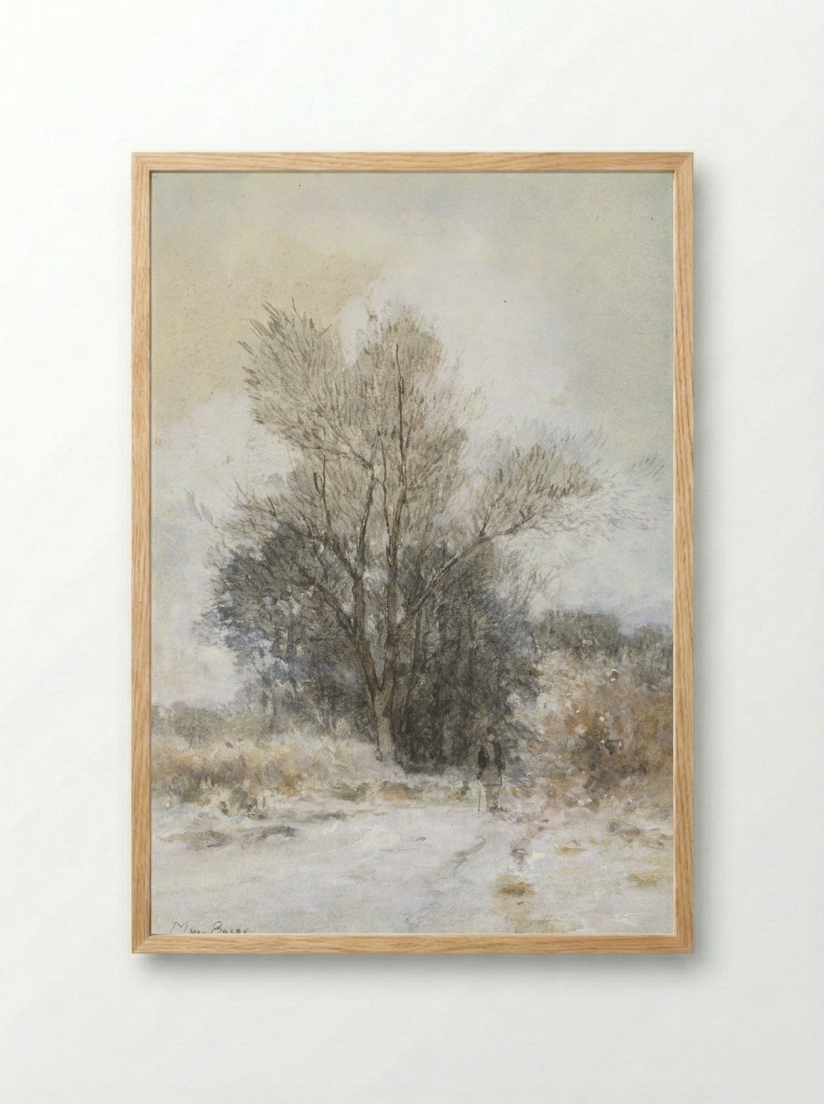 Wandelaar in de sneeuw bij de rand van een bos - Maria Bilders-van Bosse - Framed Print Wood