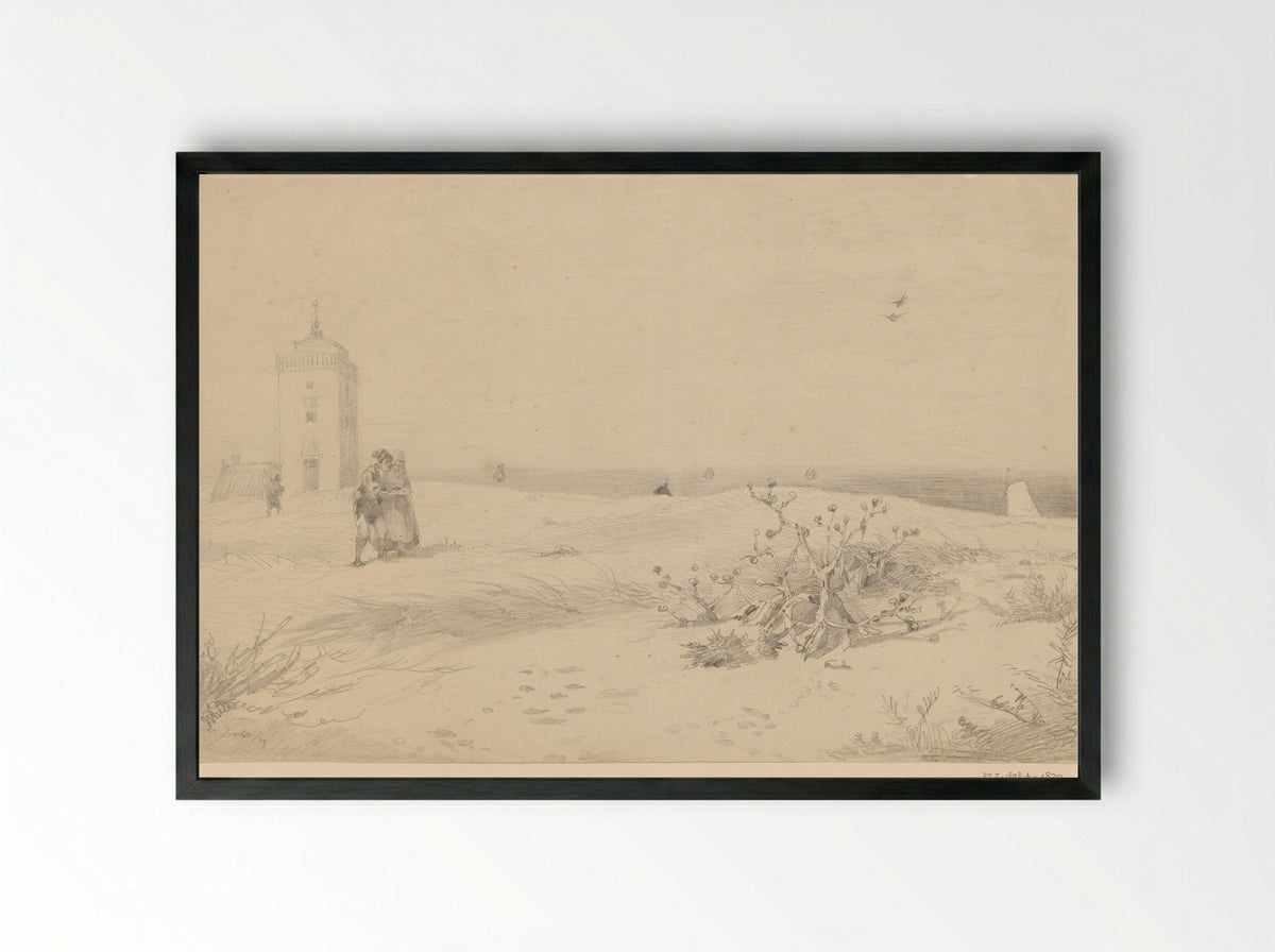 Enkele figuren op de duin voor de vuurtoren te Katwijk - Willem Anthonie van Deventer - Framed Print Black