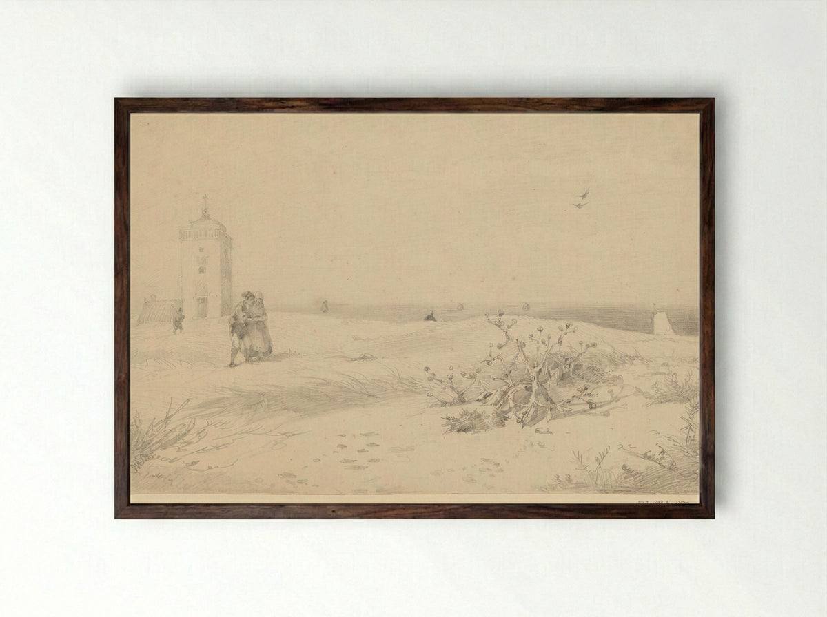 Enkele figuren op de duin voor de vuurtoren te Katwijk - Willem Anthonie van Deventer - Framed Print Dark Wood