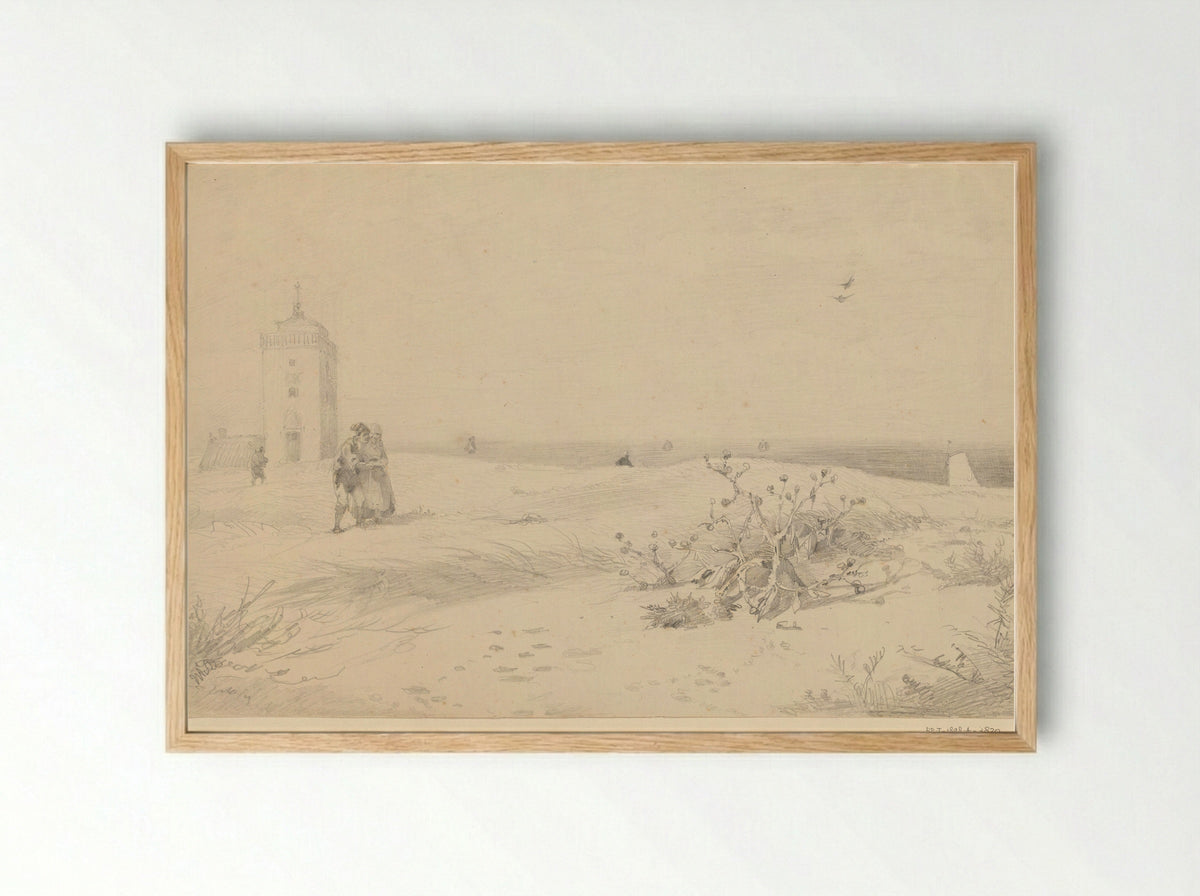Enkele figuren op de duin voor de vuurtoren te Katwijk - Willem Anthonie van Deventer - Framed Print Wood