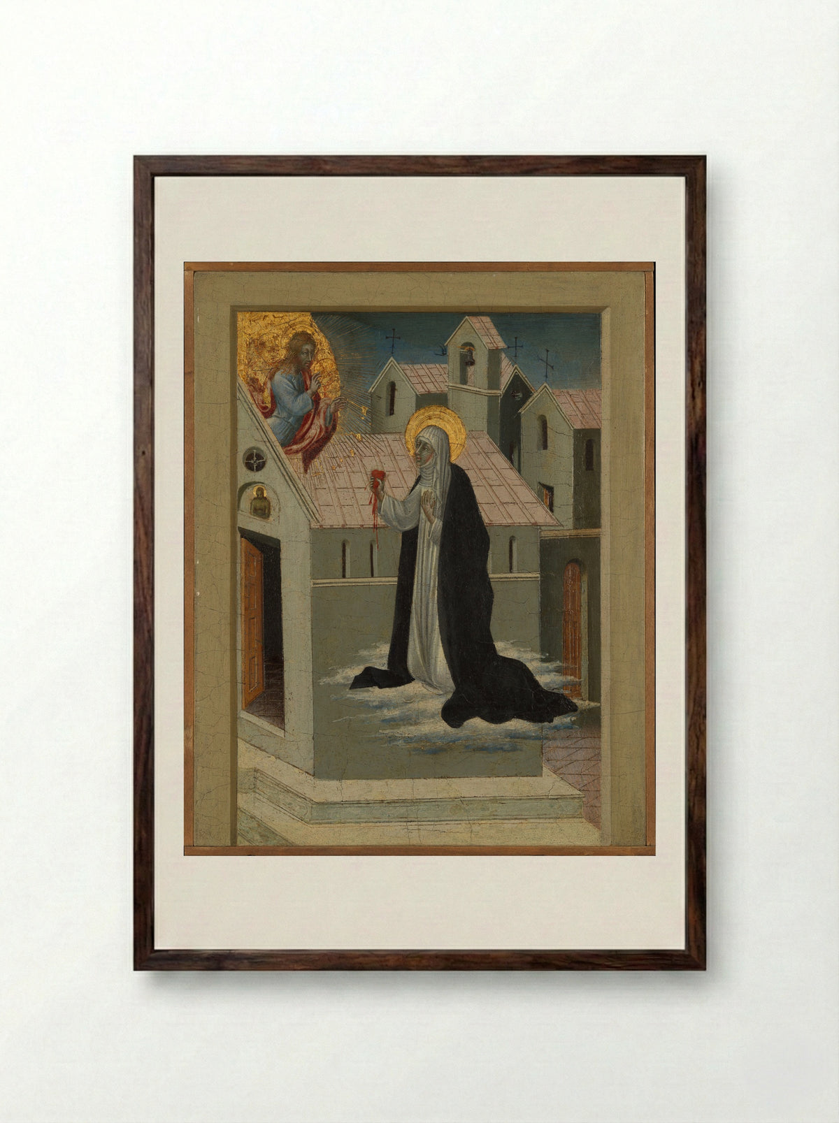 Saint Catherine of Siena Exchanging Her Heart with Christ - Giovanni di Paolo - Framed Print Dark Wood