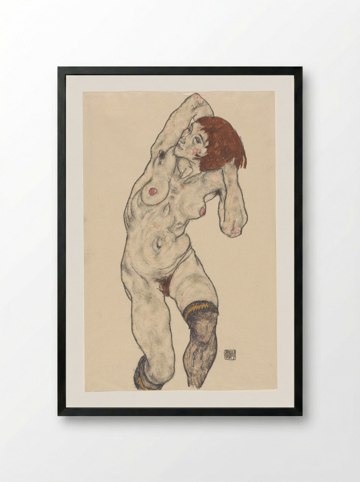 Nude in Black Stockings - Egon Schiele - Framed Print Black