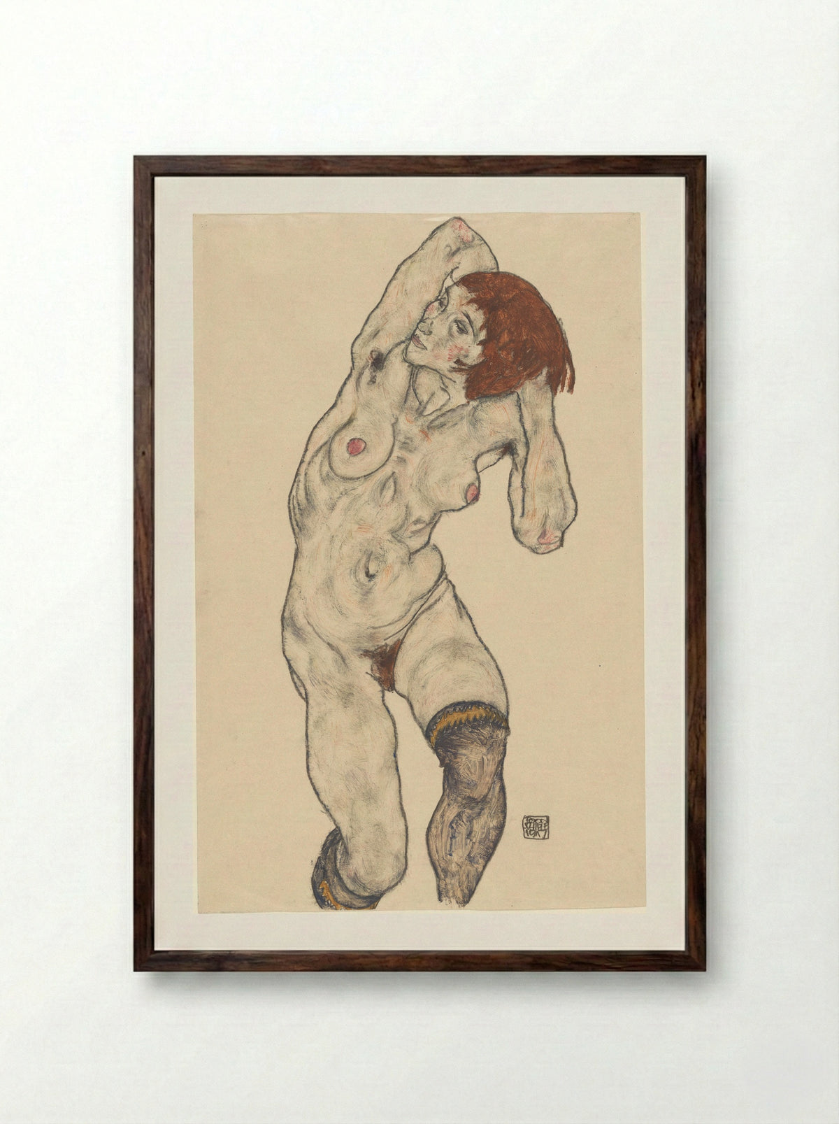 Nude in Black Stockings - Egon Schiele - Framed Print Dark Wood