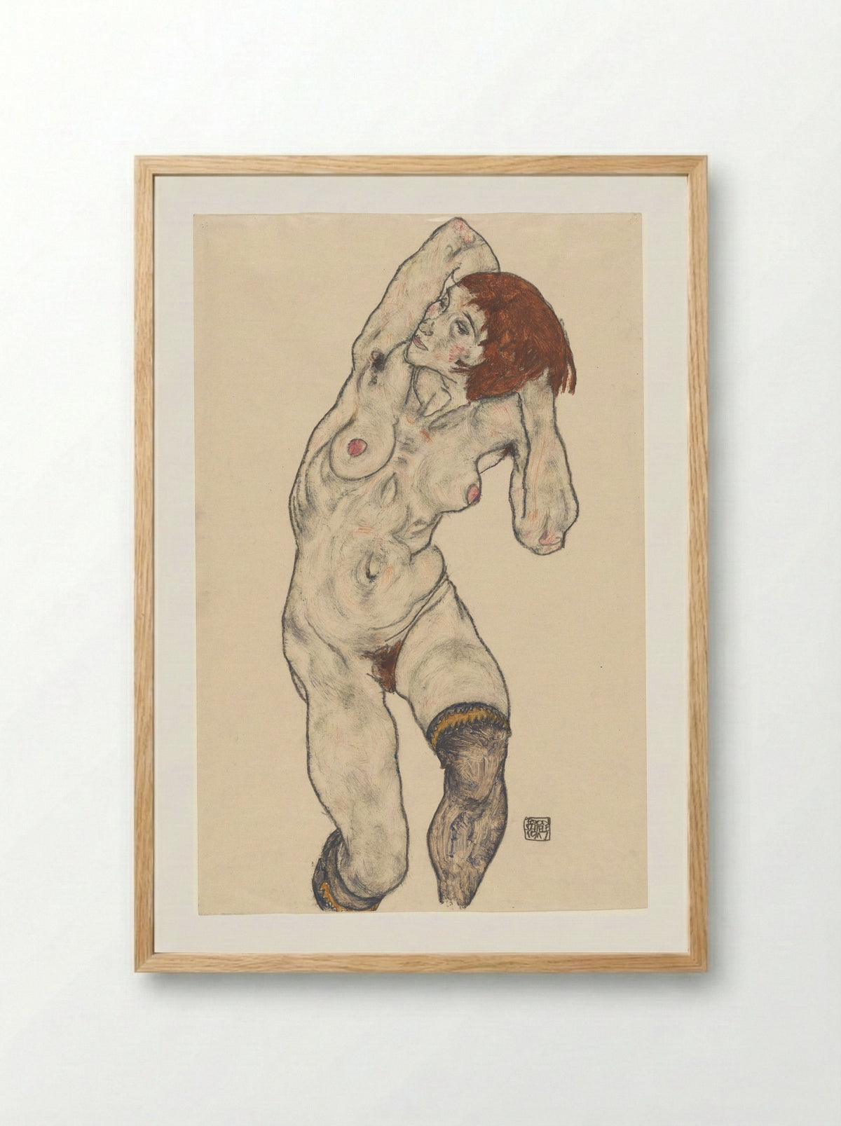 Nude in Black Stockings - Egon Schiele - Framed Print Wood