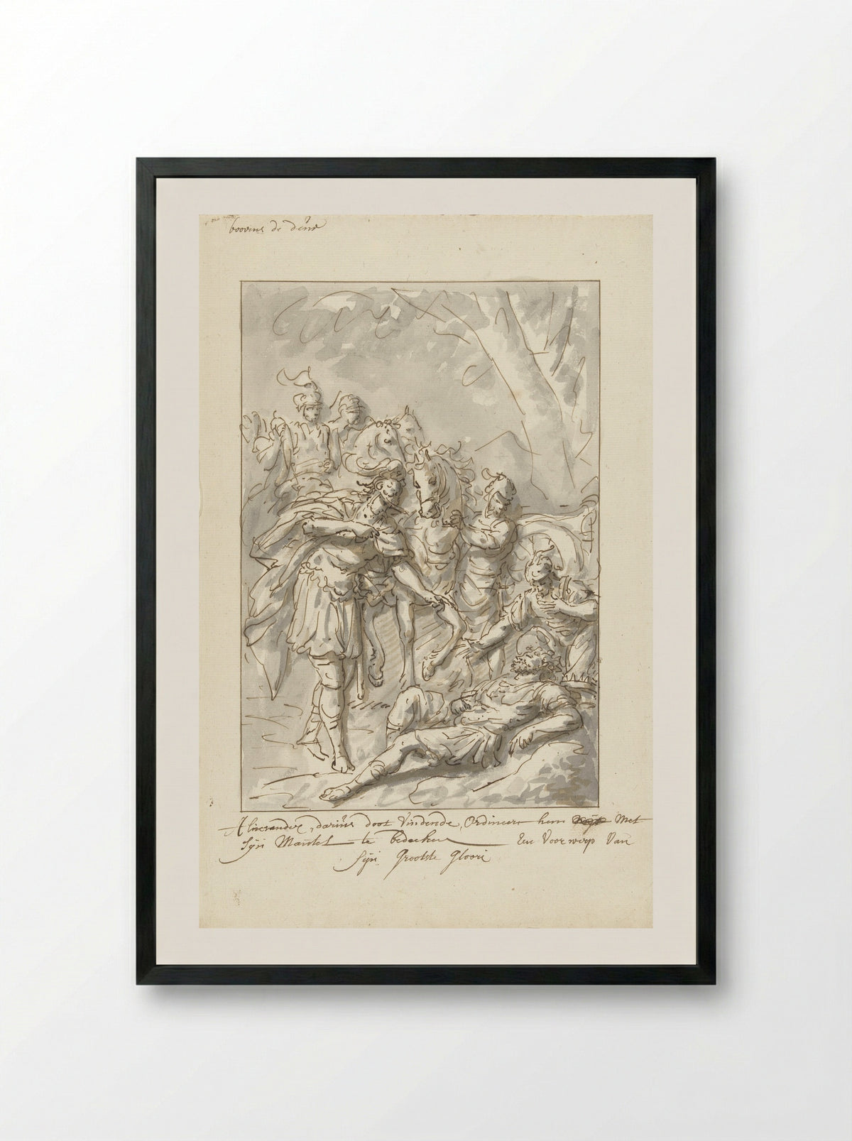 Alexander the Great Covering the Body of Darius with his Mantle - Elias van Nijmegen - Framed Print Black
