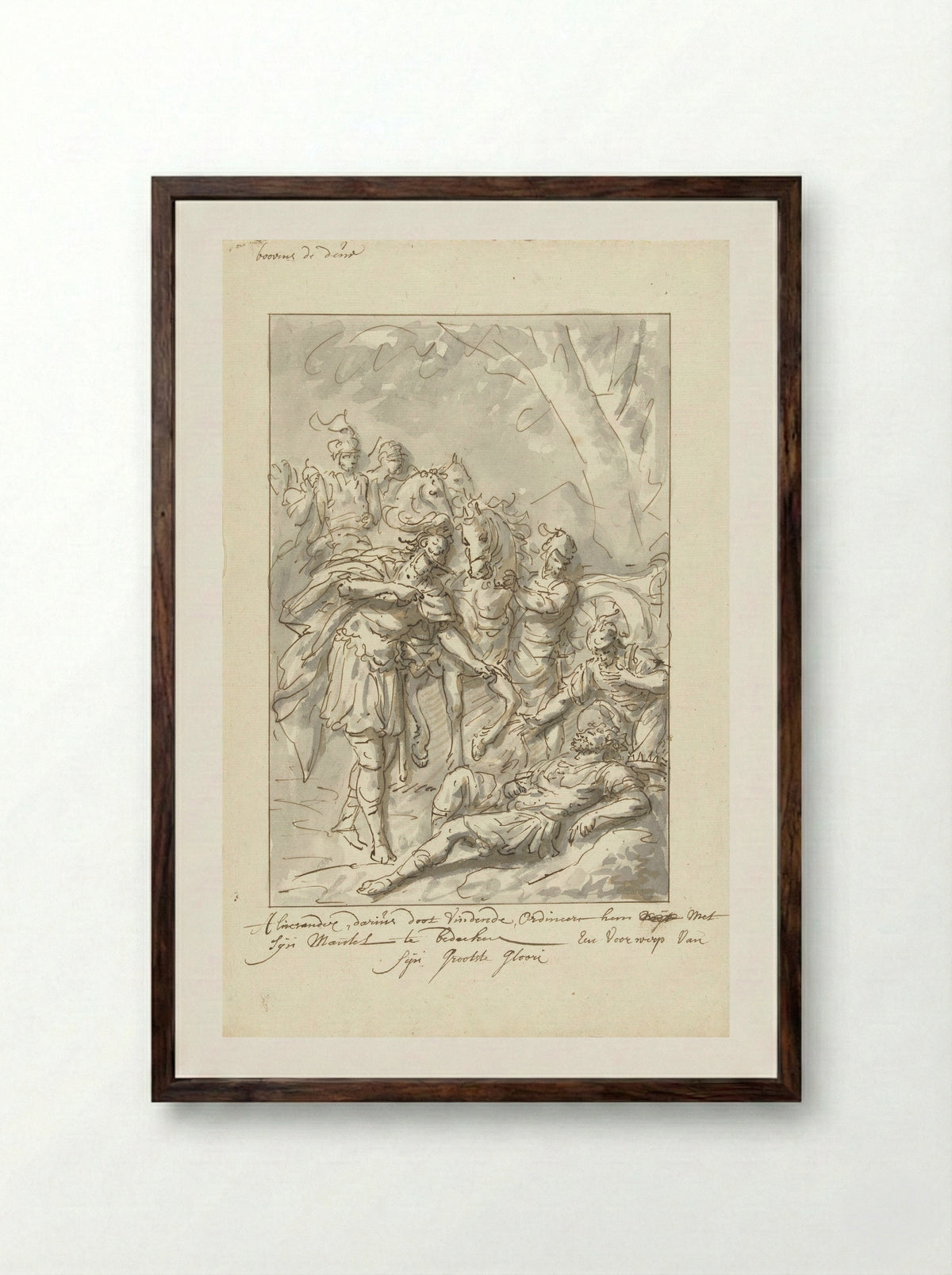 Alexander the Great Covering the Body of Darius with his Mantle - Elias van Nijmegen - Framed Print Dark Wood