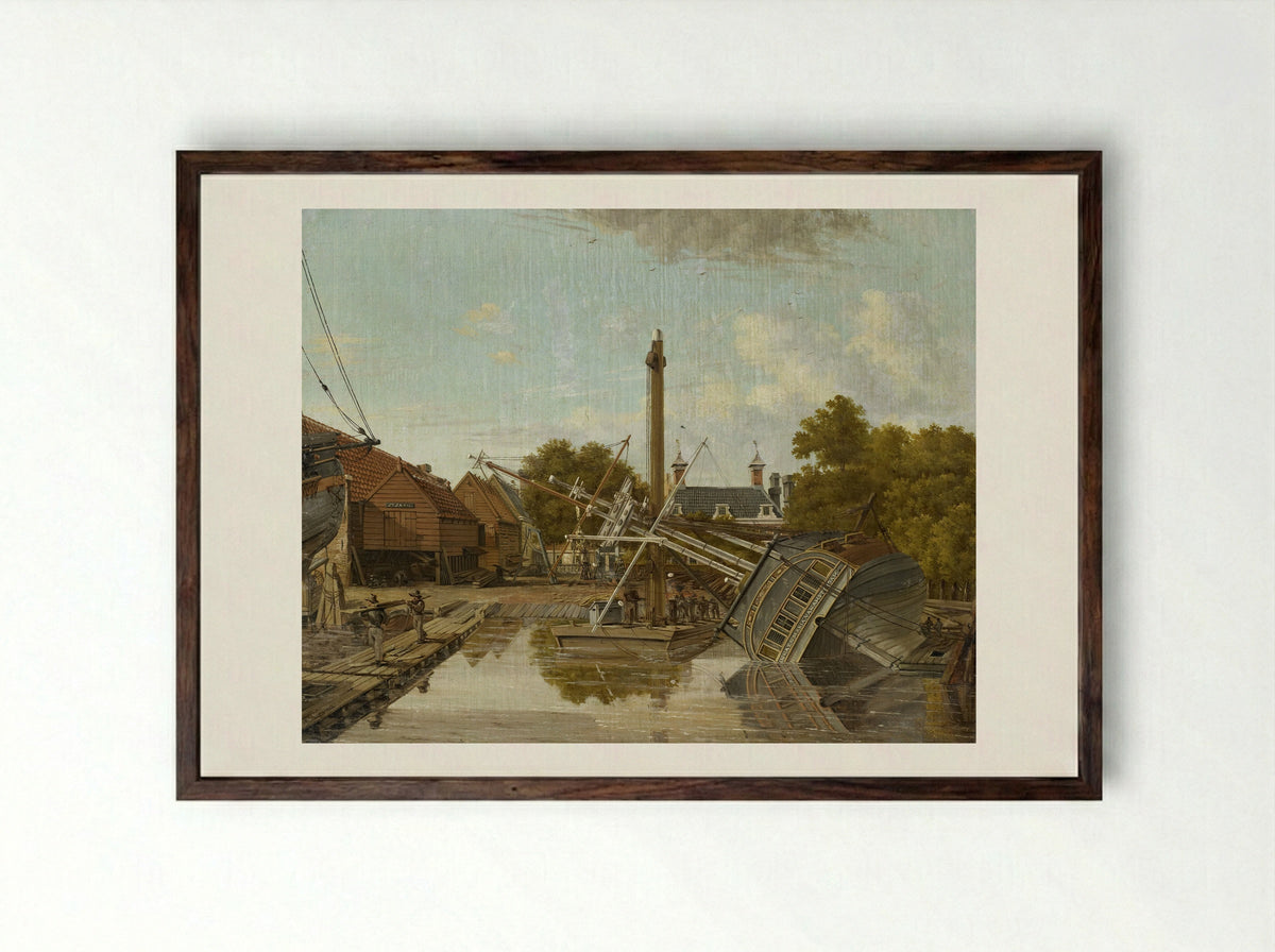 De scheepstimmerwerf 'St Jago' op het Bickers Eiland te Amsterdam - Pieter Godfried Bertichen - Framed Print Dark Wood