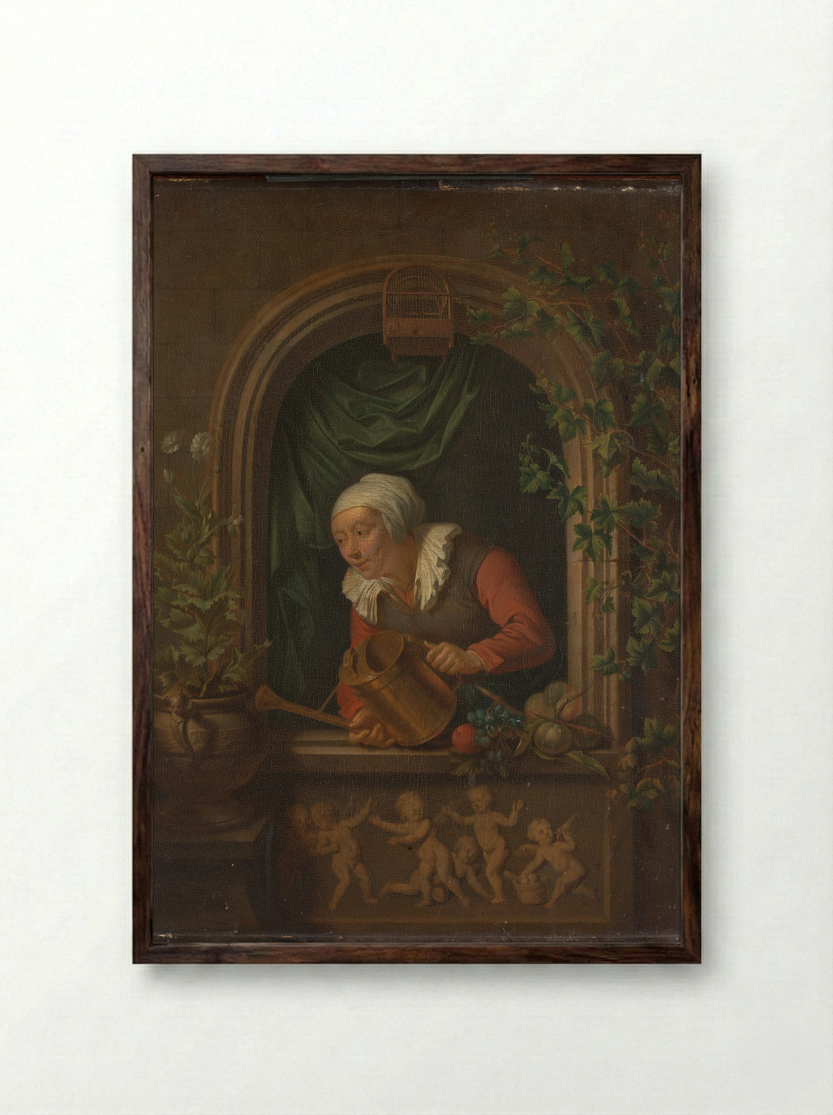 Woman Watering a Plant - Louis de Moni - Framed Print Dark Wood