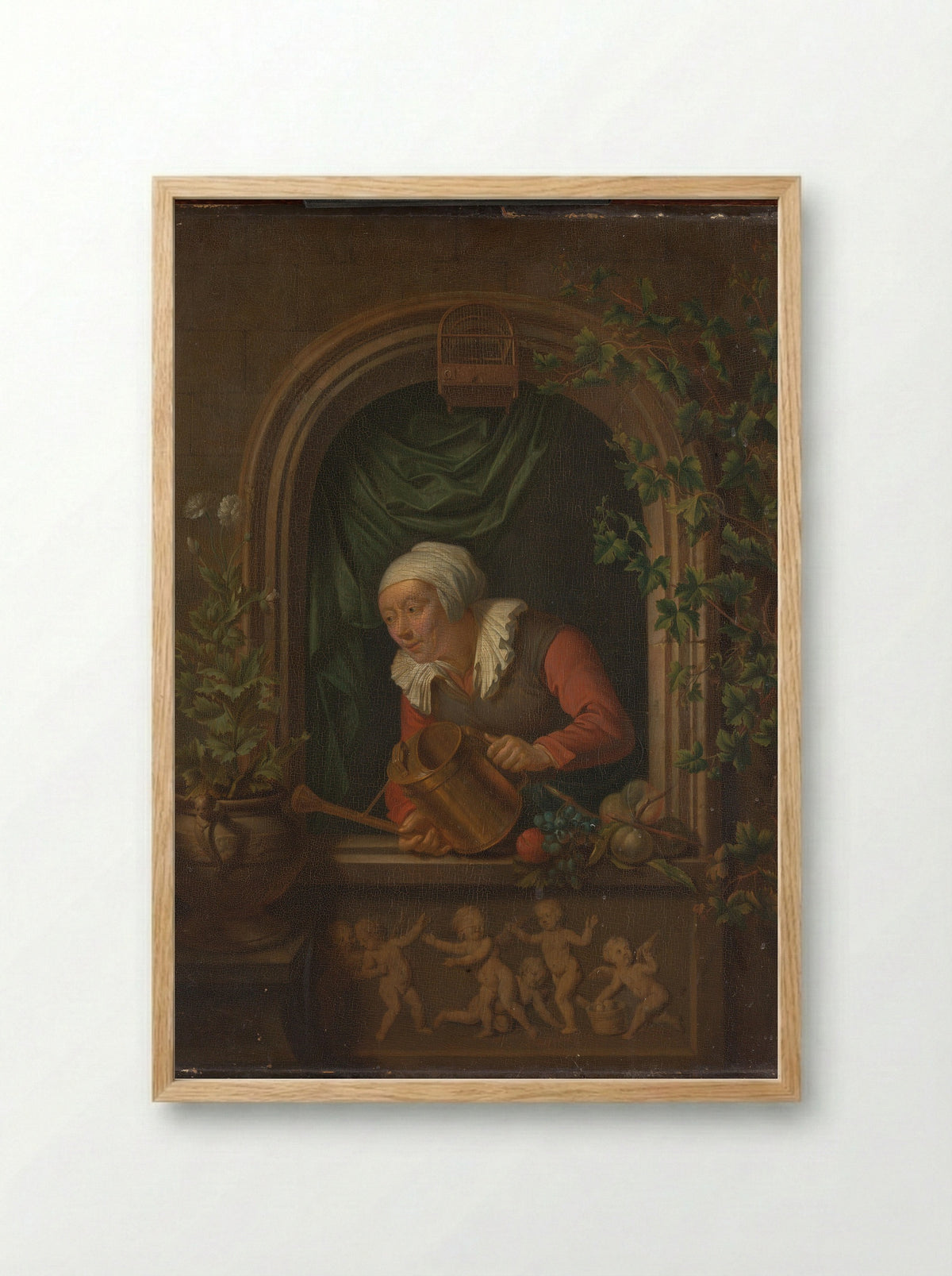 Woman Watering a Plant - Louis de Moni - Framed Print Wood
