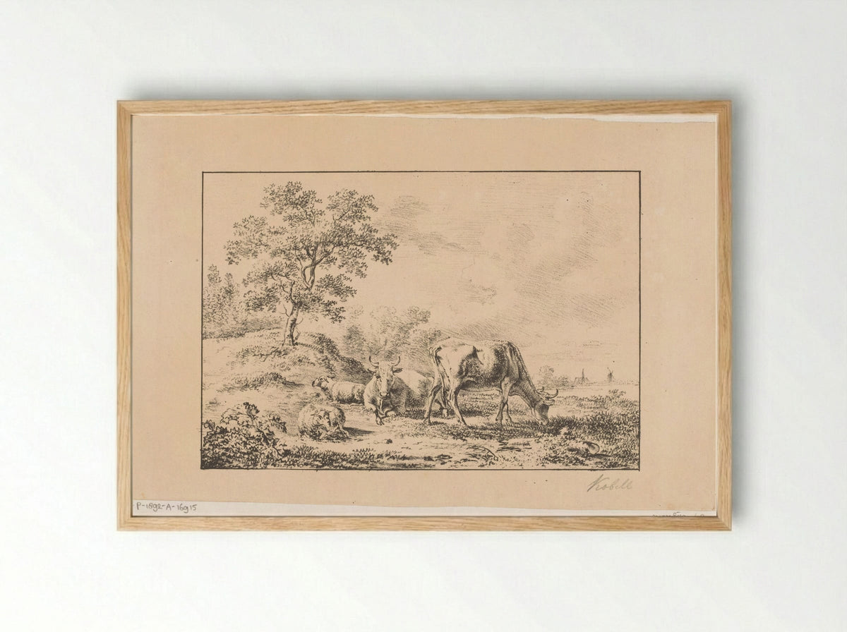 Hilly Landscape with Cattle and Sheep - Jan Kobell (I) - Framed Print Wood