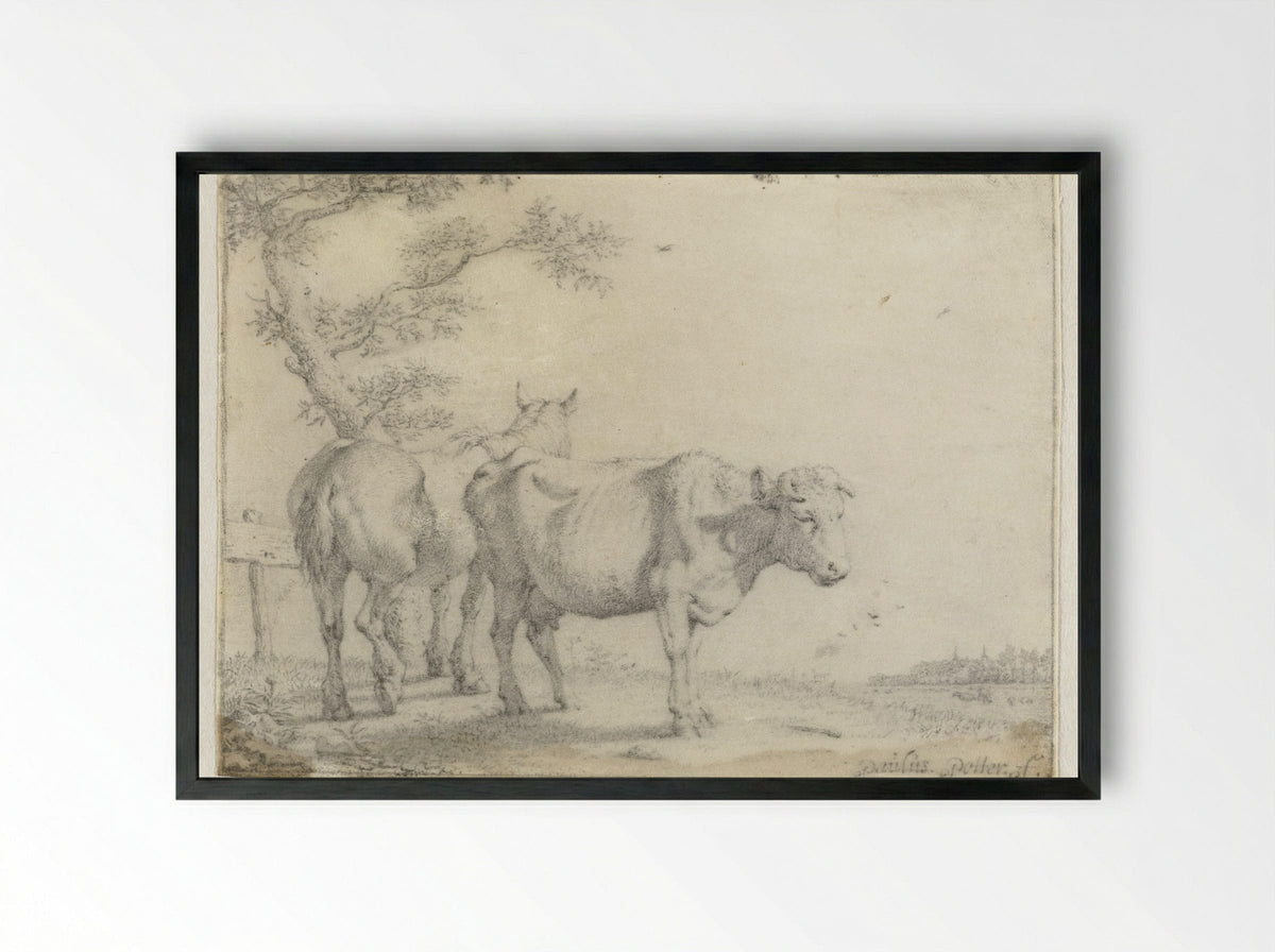 Paard en een koe bij een boom - Paulus Potter - Framed Print Black
