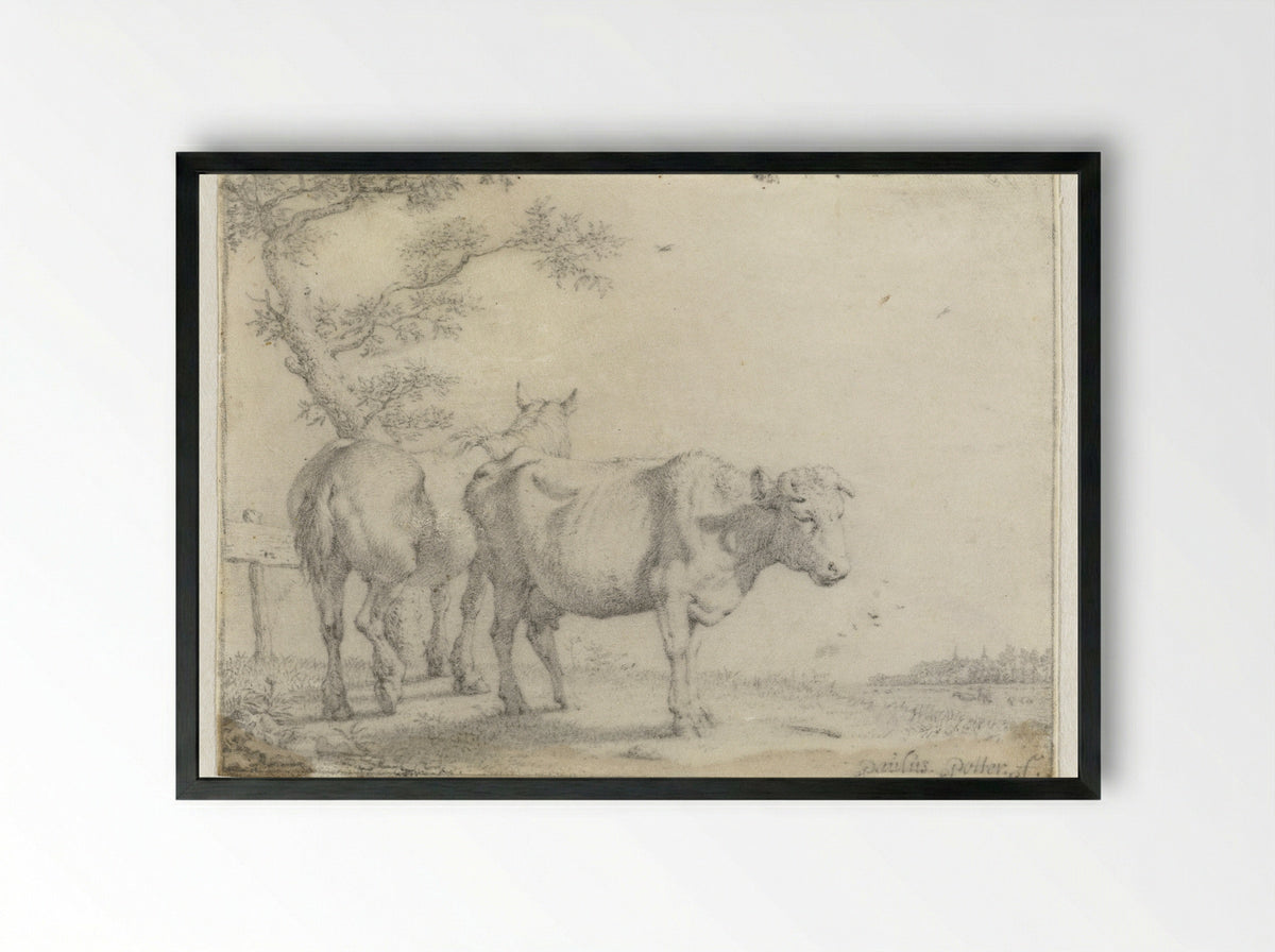 Paard en een koe bij een boom - Paulus Potter - Framed Print Black