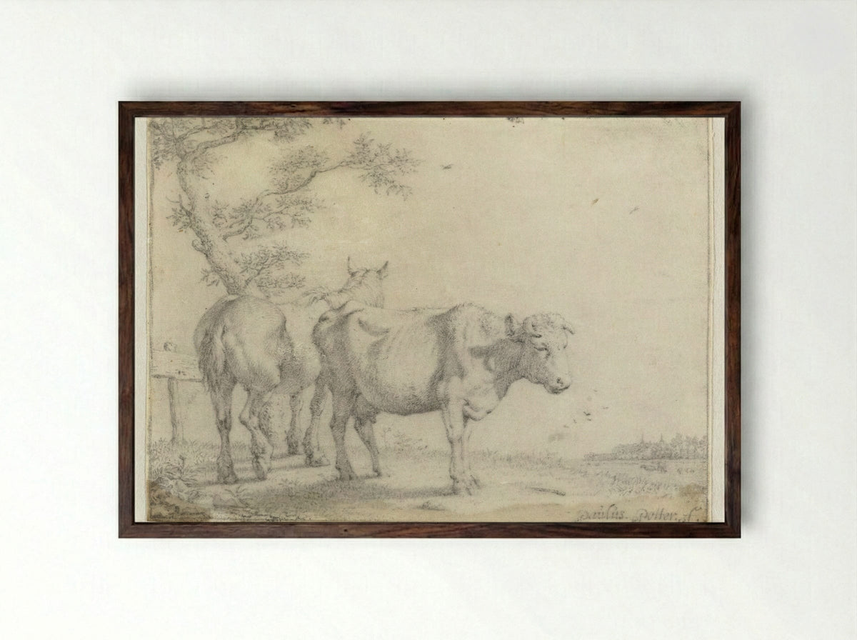 Paard en een koe bij een boom - Paulus Potter - Framed Print Dark Wood