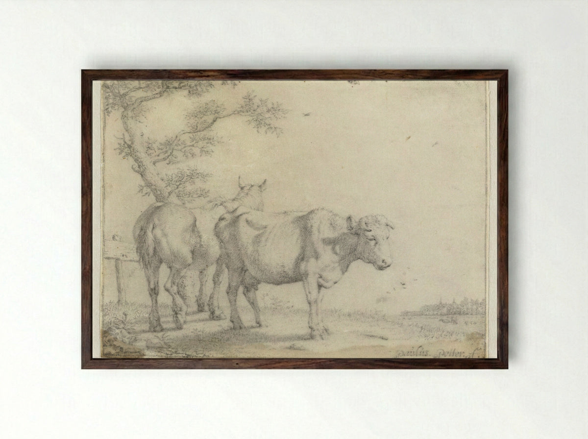 Paard en een koe bij een boom - Paulus Potter - Framed Print Dark Wood