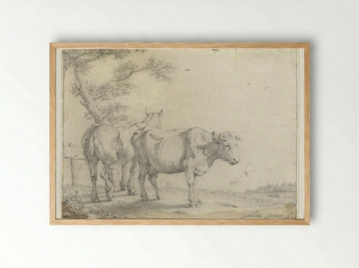 Paard en een koe bij een boom - Paulus Potter - Framed Print Wood