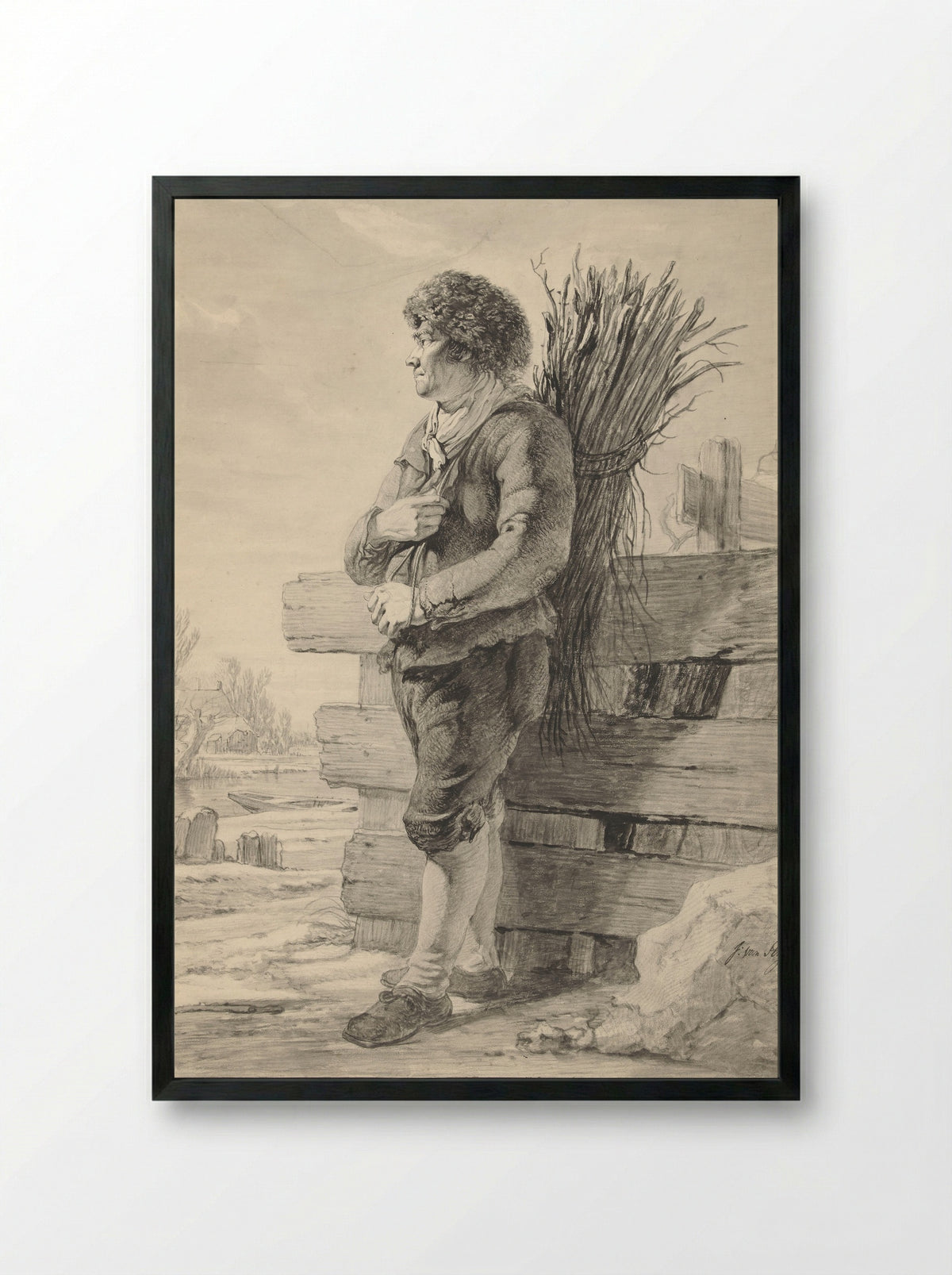 Standing Man with a Bundle of Sticks on His Back - Jacob van Strij - Framed Print Black