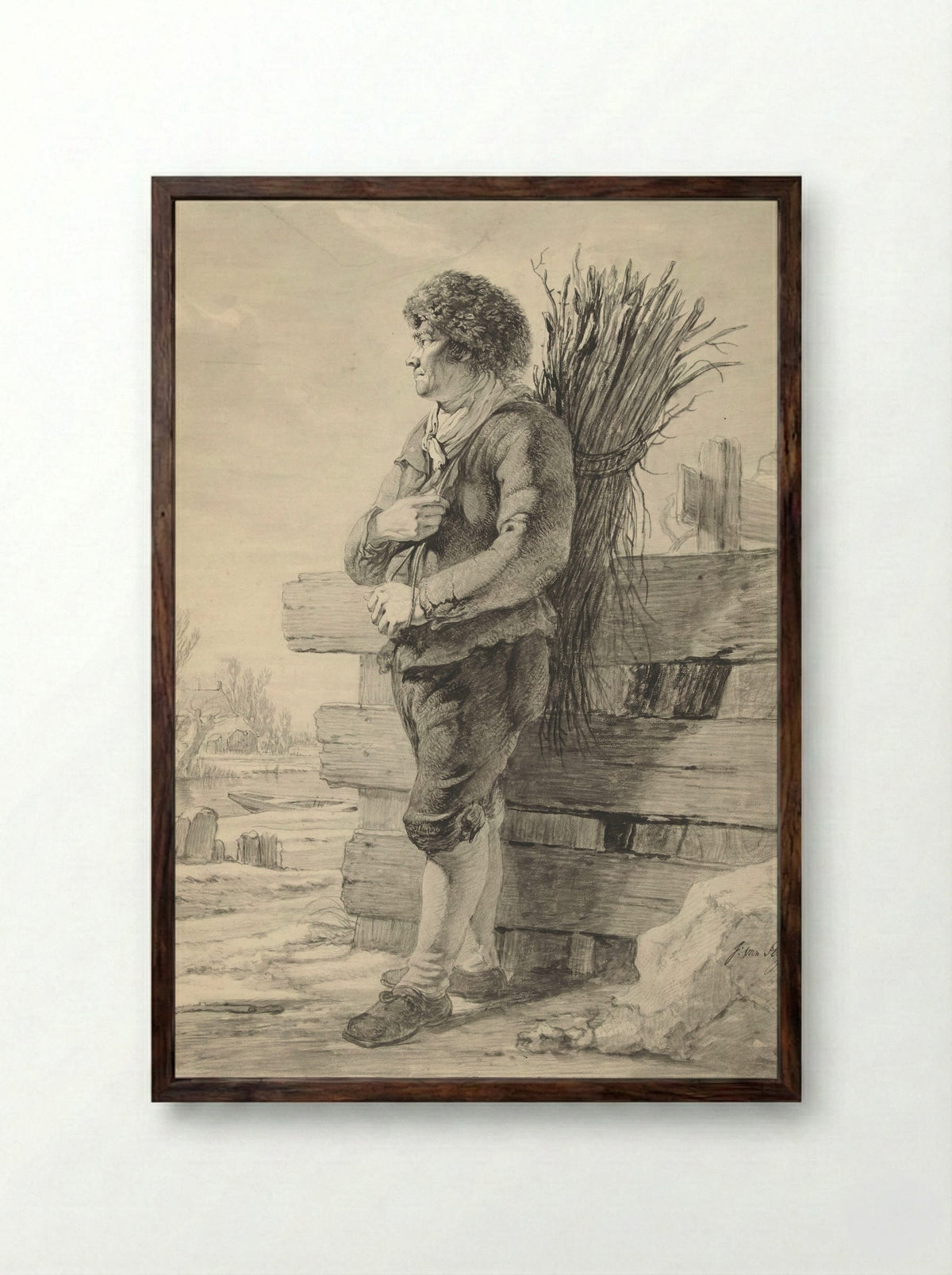 Standing Man with a Bundle of Sticks on His Back - Jacob van Strij - Framed Print Dark Wood