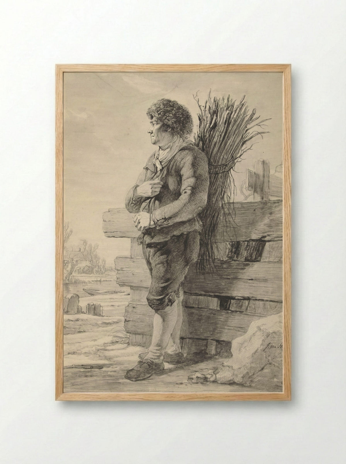 Standing Man with a Bundle of Sticks on His Back - Jacob van Strij - Framed Print Wood