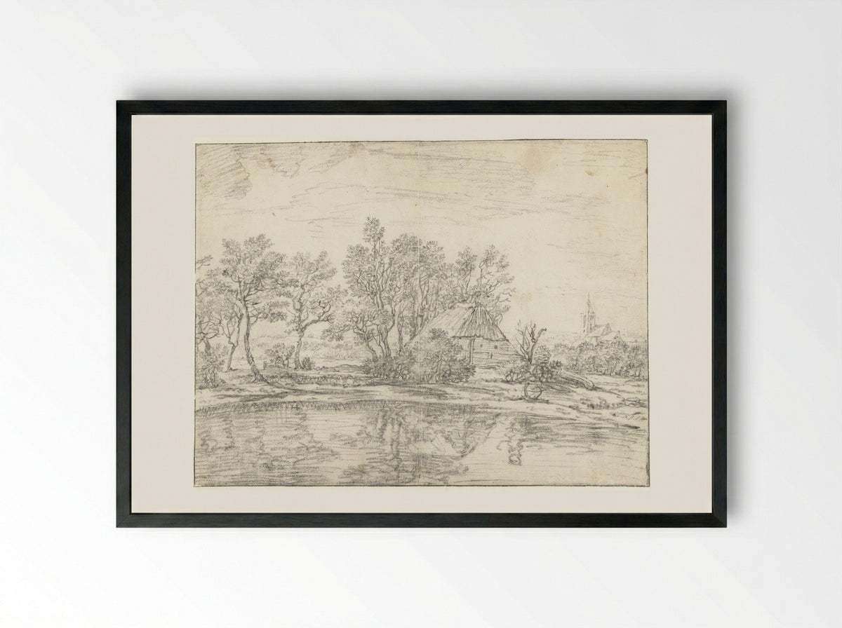 Landschap met boerderij bij water - Willem van Bemmel - Framed Print Black