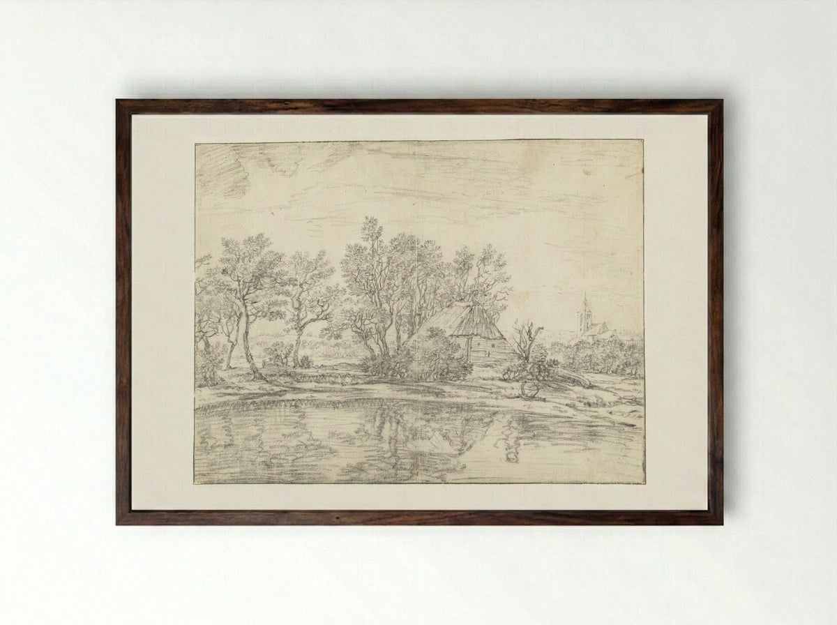 Landschap met boerderij bij water - Willem van Bemmel - Framed Print Dark Wood