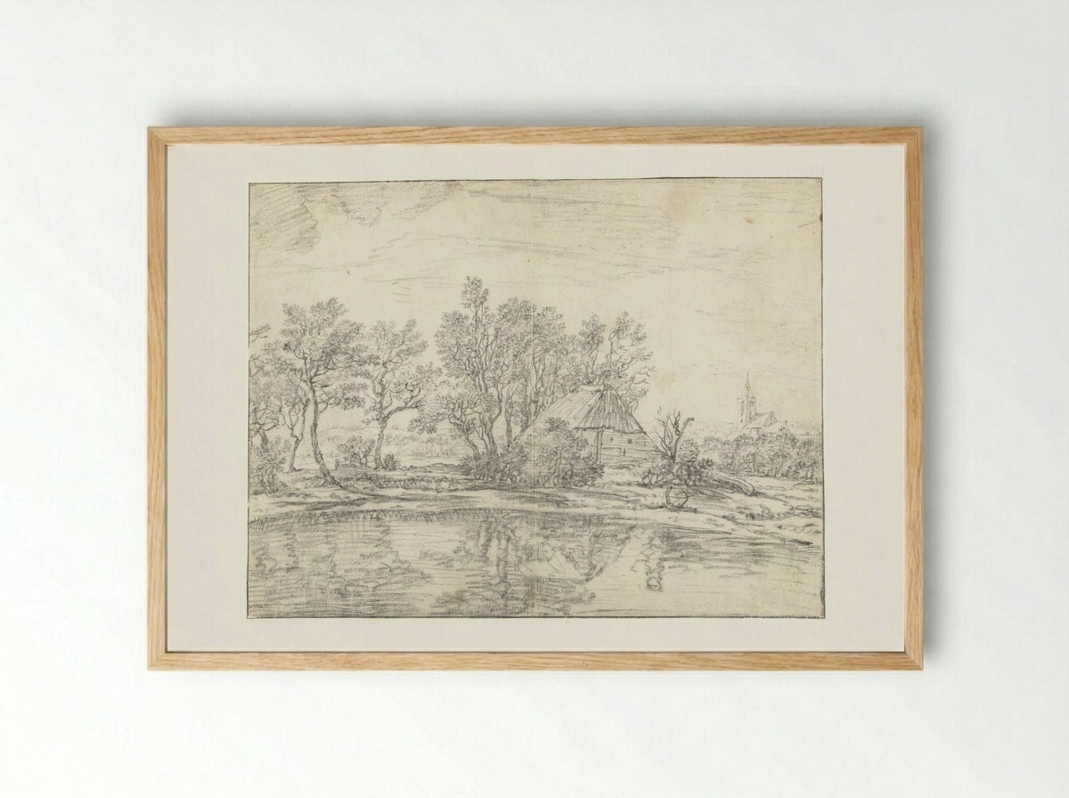 Landschap met boerderij bij water - Willem van Bemmel - Framed Print Wood