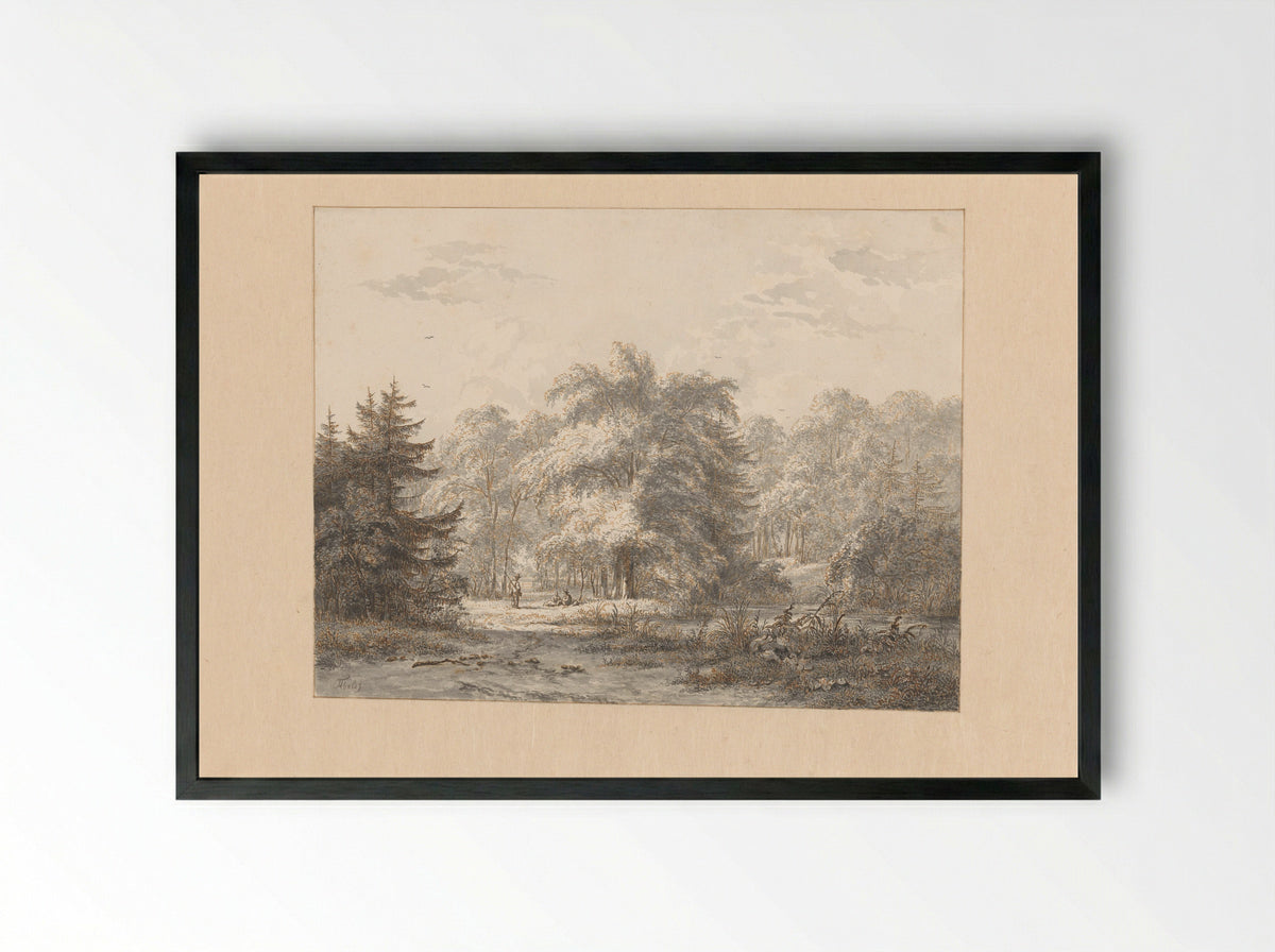 Landschap met rustende figuren onder bomen bij een water - Jacobus Theodorus Abels - Framed Print Black