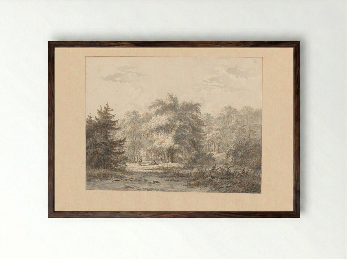 Landschap met rustende figuren onder bomen bij een water - Jacobus Theodorus Abels - Framed Print Dark Wood