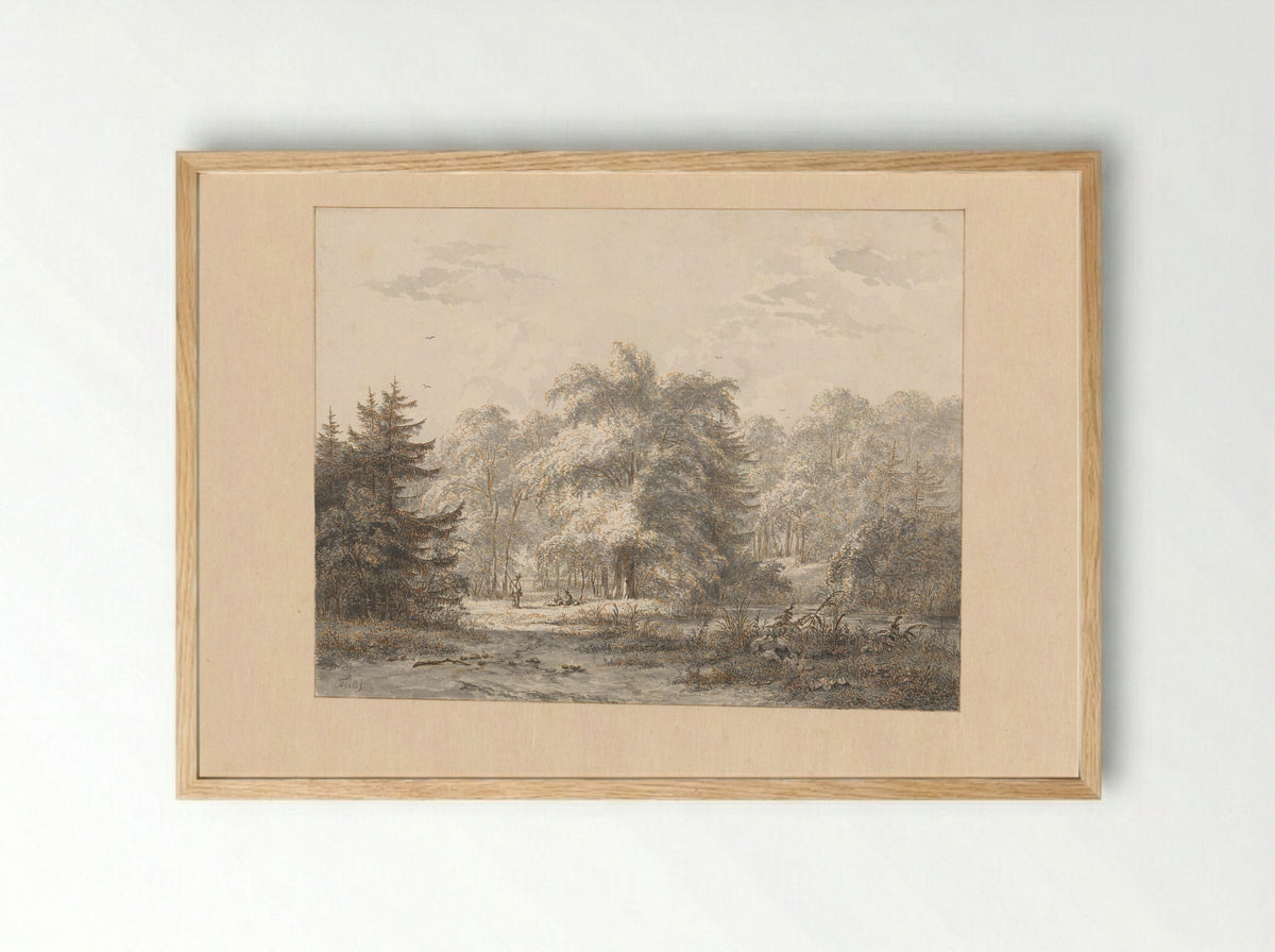 Landschap met rustende figuren onder bomen bij een water - Jacobus Theodorus Abels - Framed Print Wood