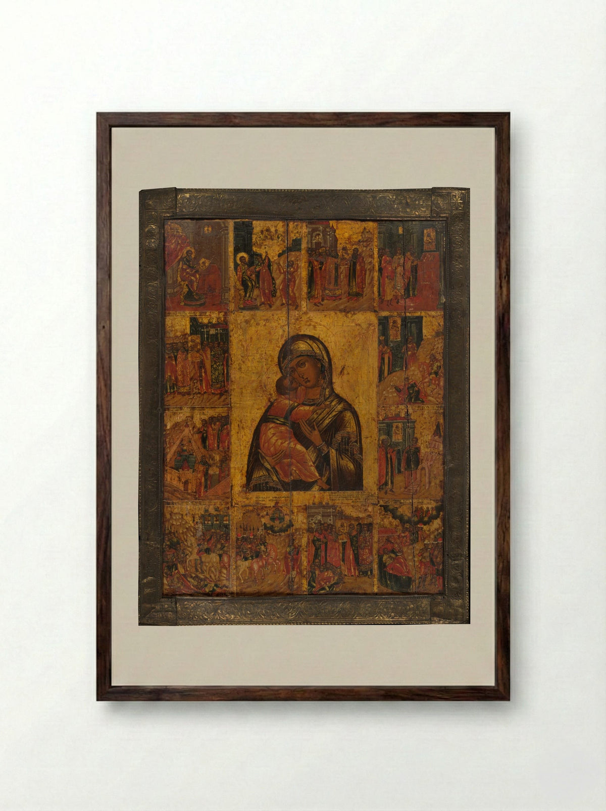 The Virgin of Vladimir with Twelve Scenes - Fine Art Print - Framed Print Dark Wood