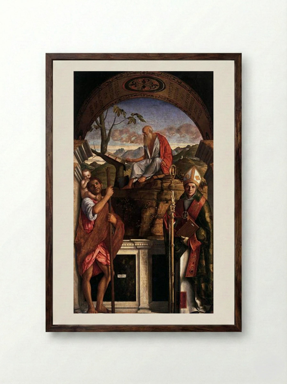 St. Jerome, St. Christopher and St. Augustine - Giovanni Bellini - Framed Print Dark Wood
