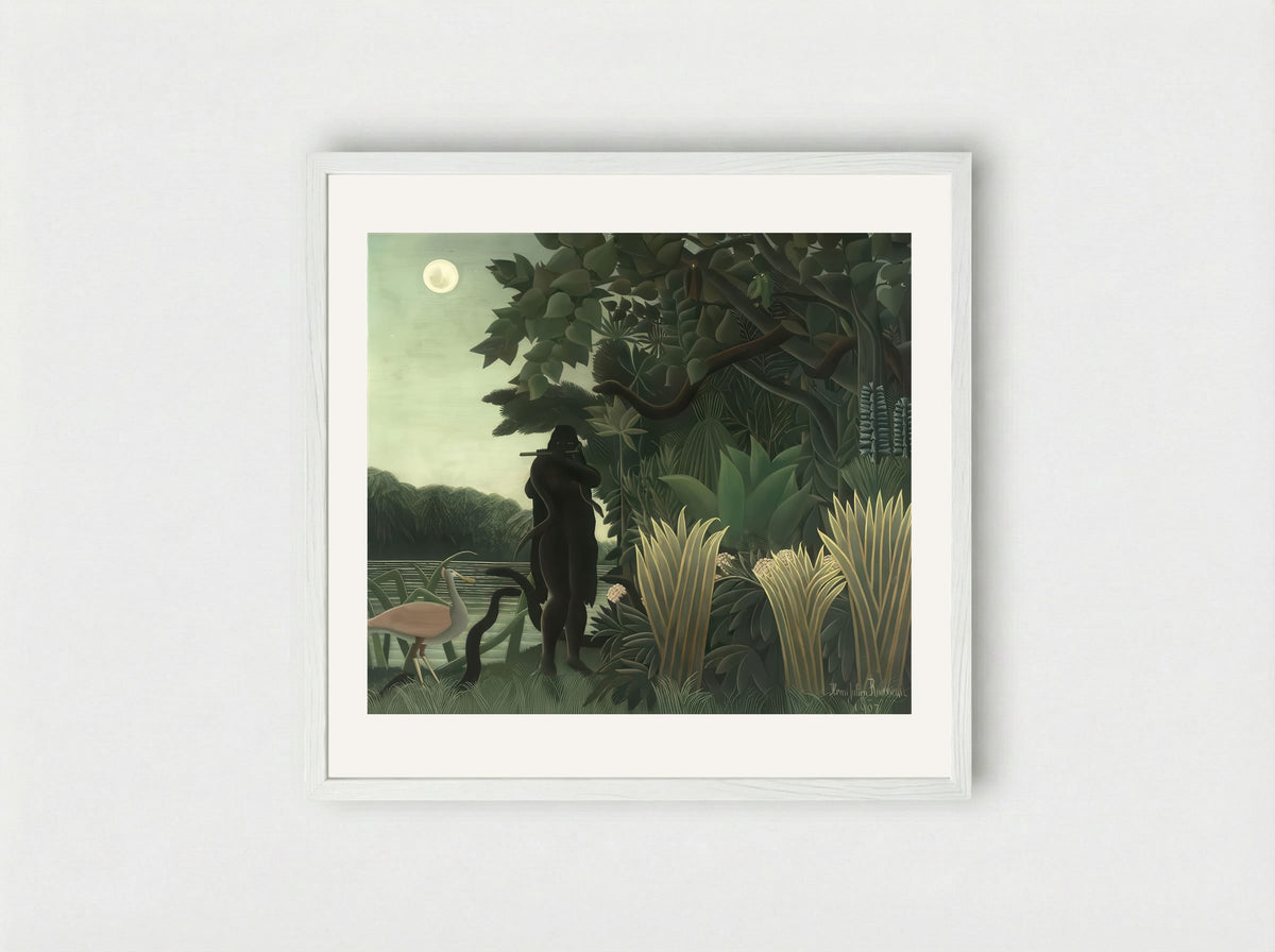 The Snake Charmer by Henri Rousseau – Naïve Art Jungle Mystery Print - Framed Print White